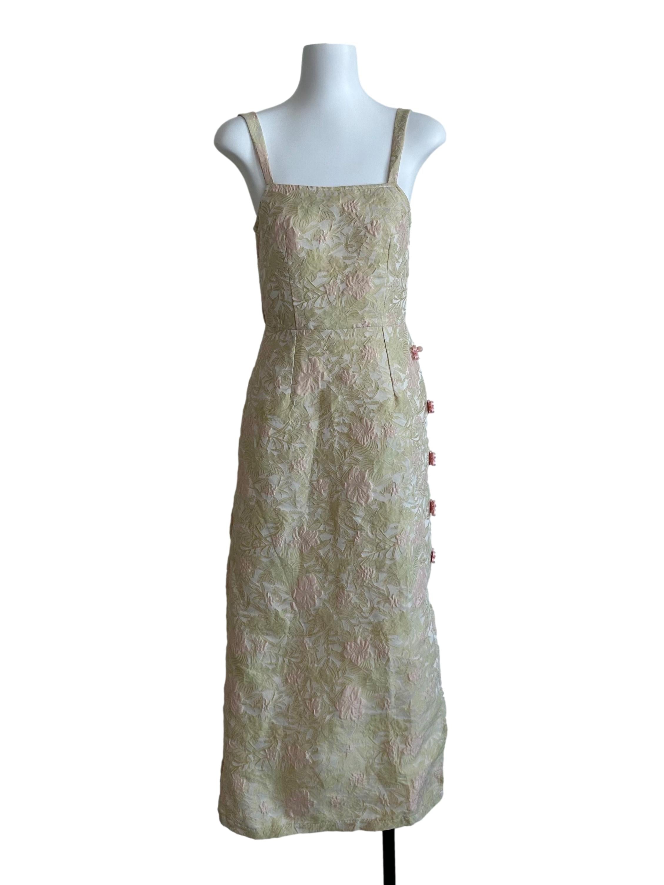 Lime Green Brocade Floral Textured Dress