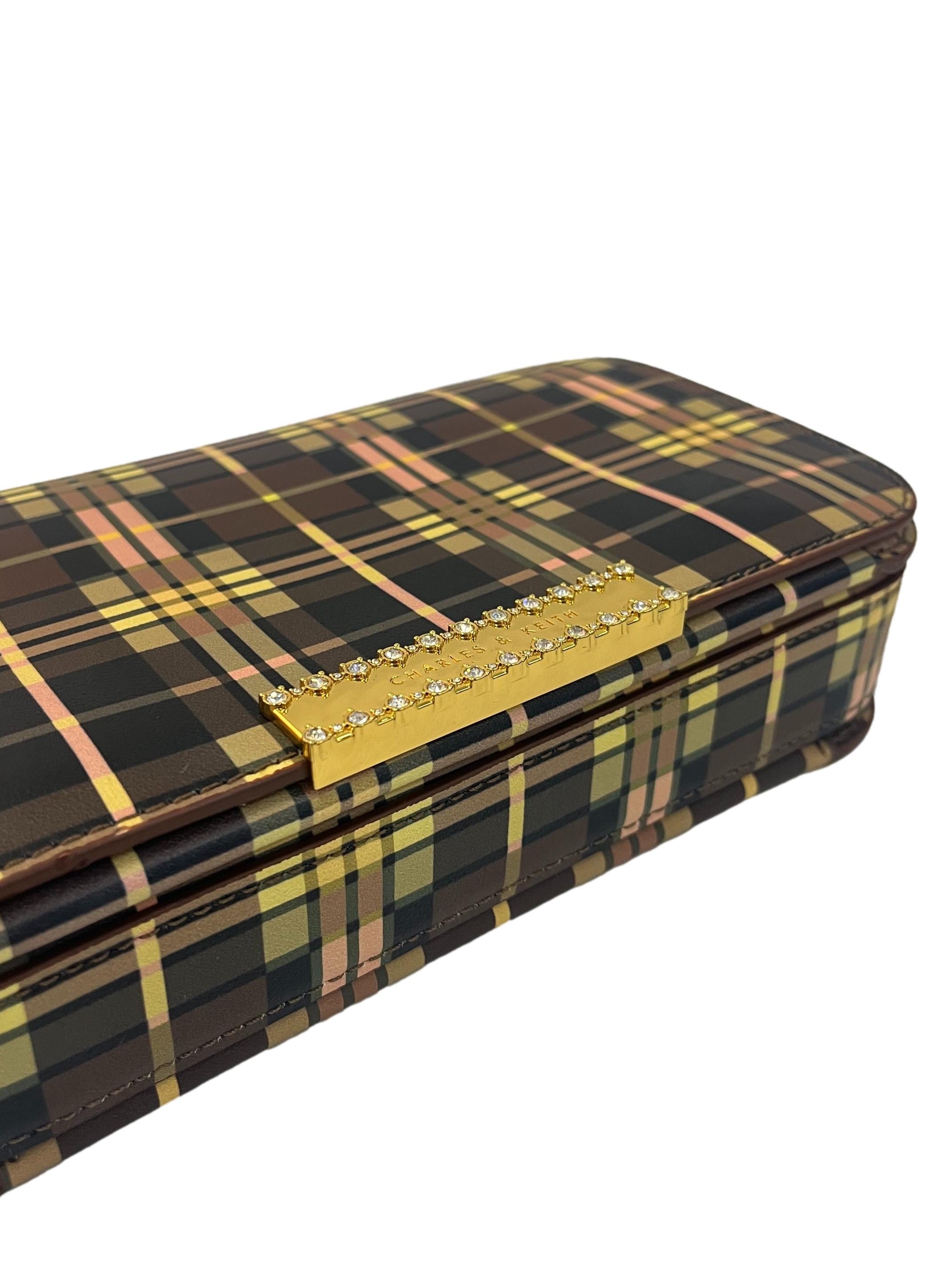 Brown Tartan Small Shoulder Bag With Chain Straps