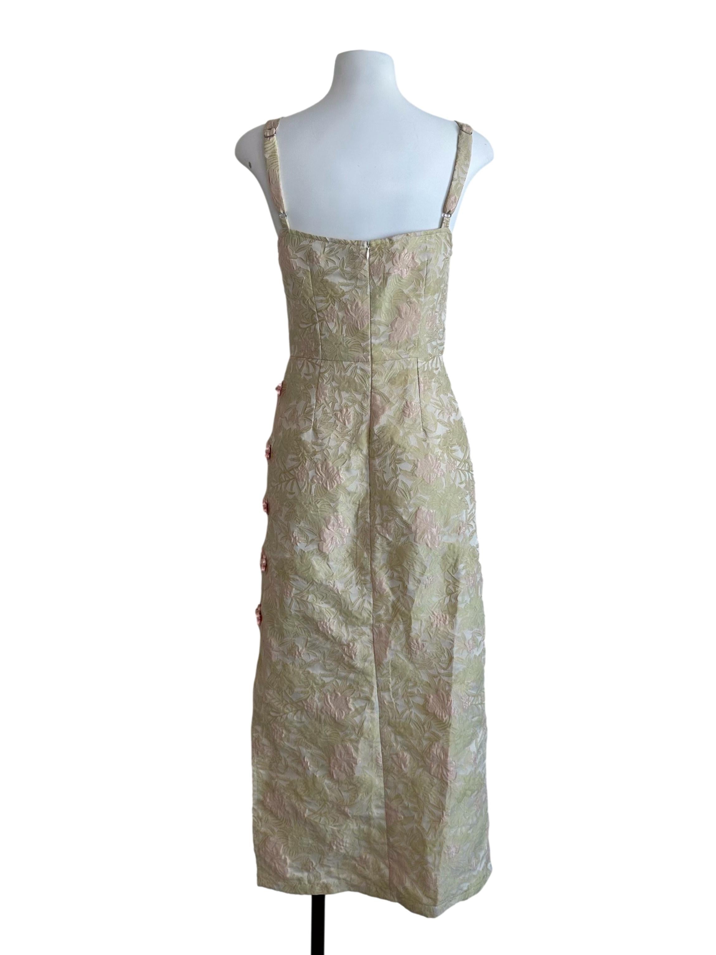 Lime Green Brocade Floral Textured Dress