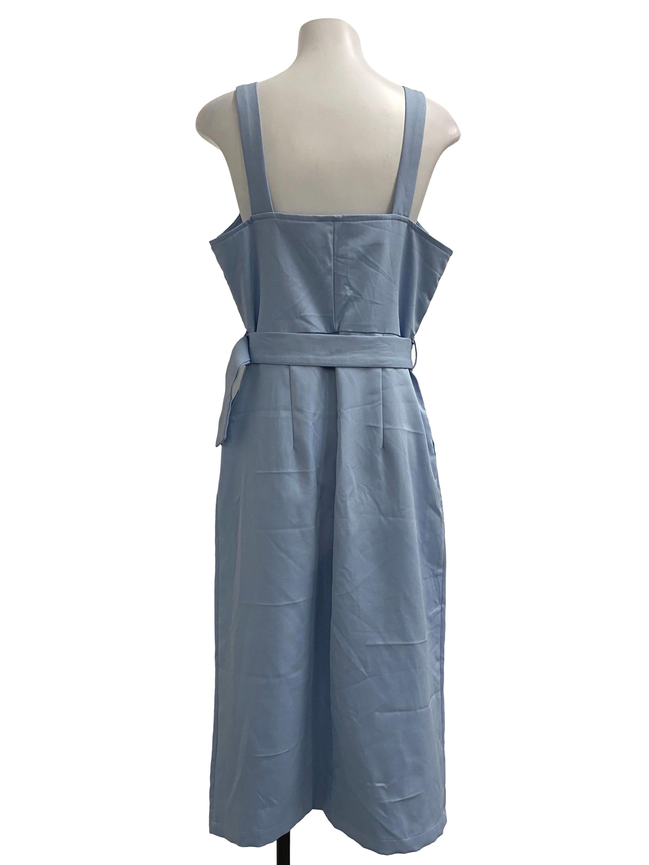 Light Blue Straight-Neck Button Belted Dress