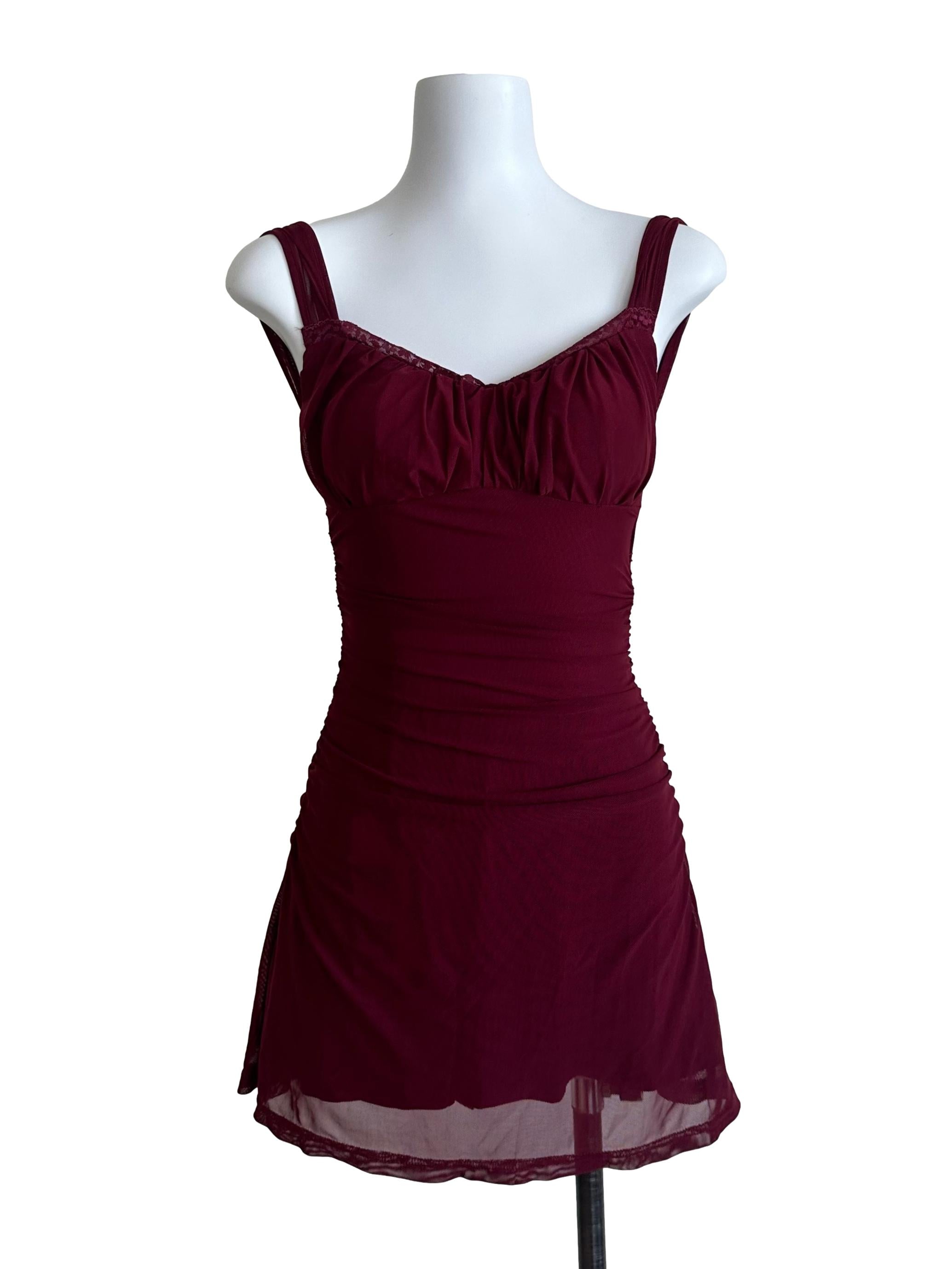 Maroon Red Ruched Mesh Net Dress