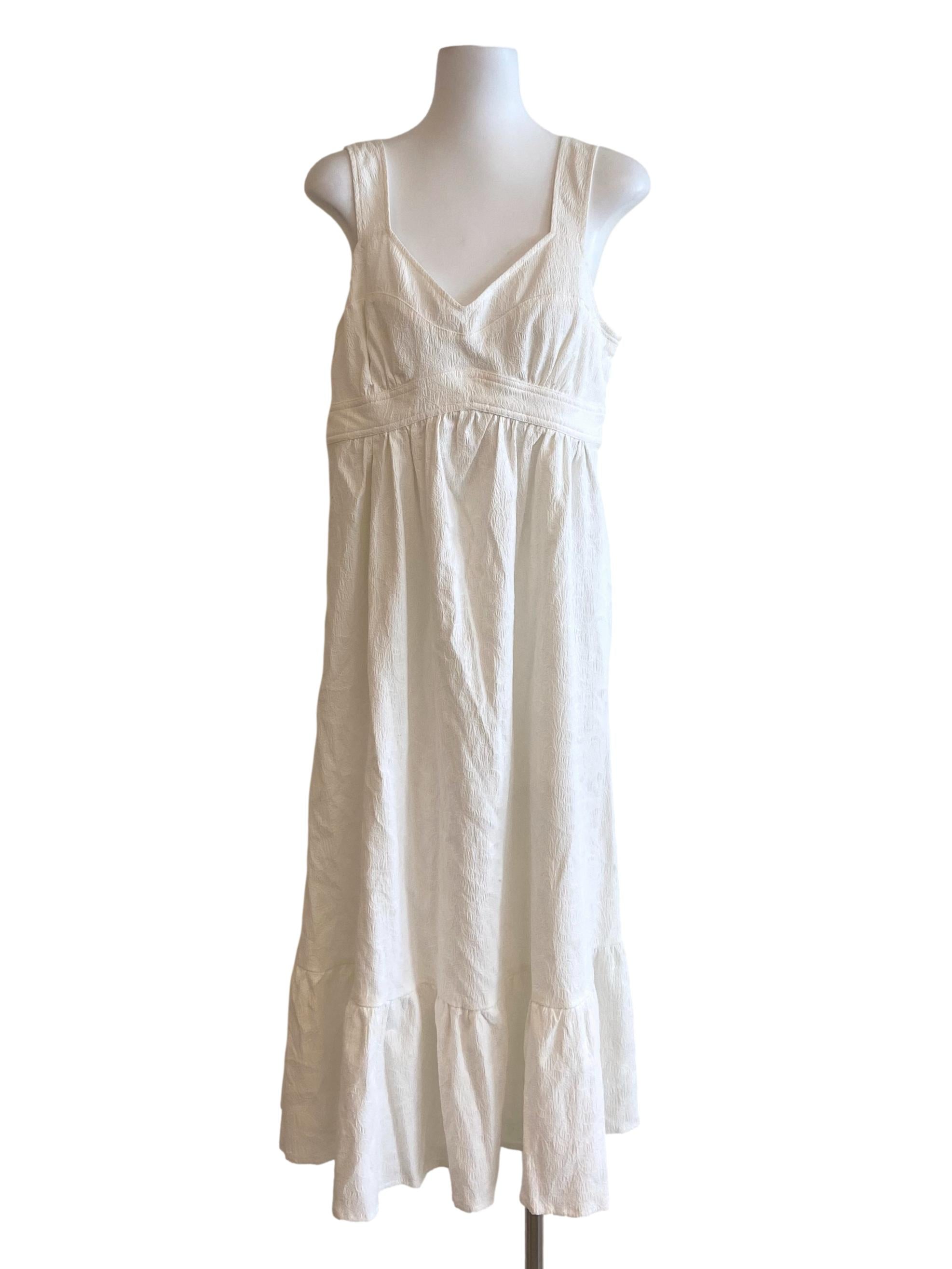 White Sleeveless Floral Textures Drop Waist Dress