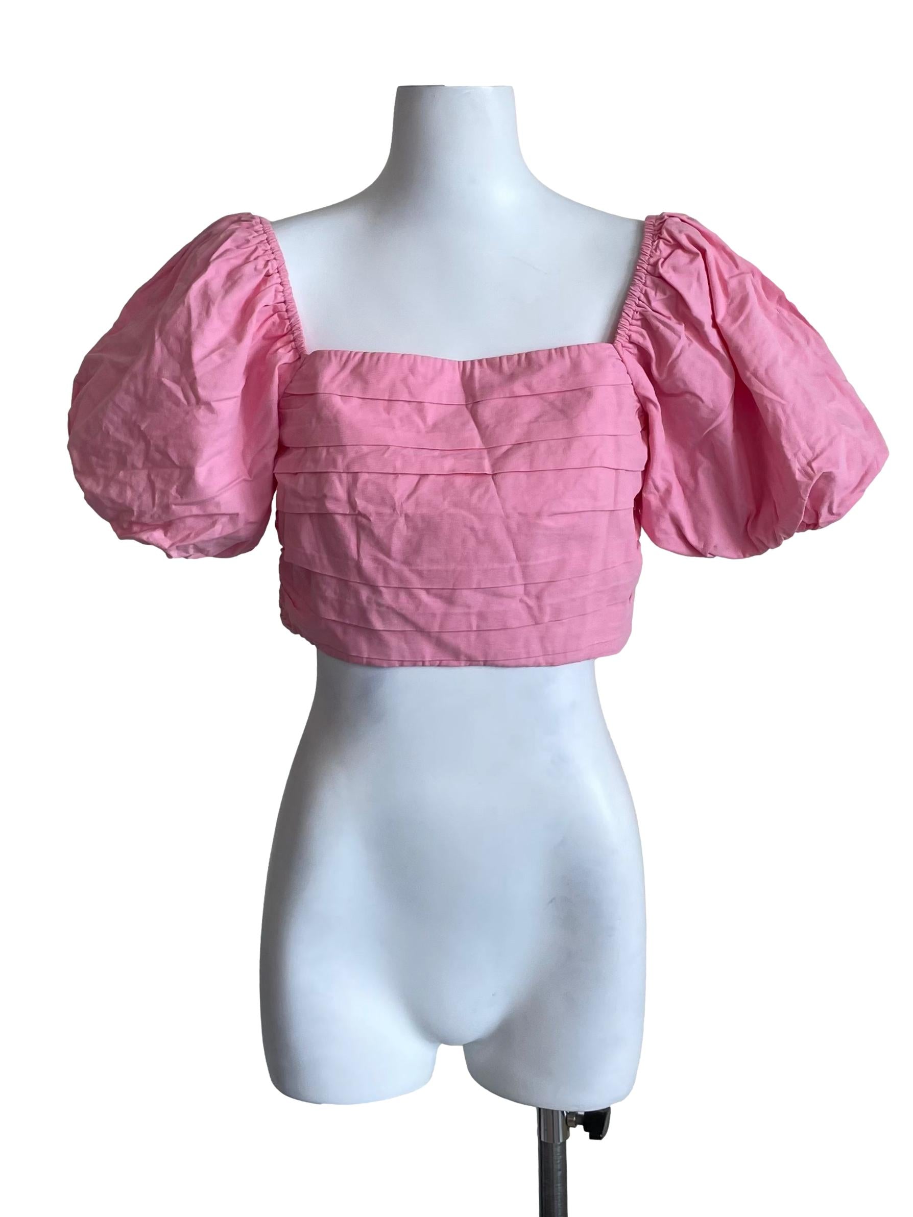 Watermelon Pink Puff Sleeves Crop Top
