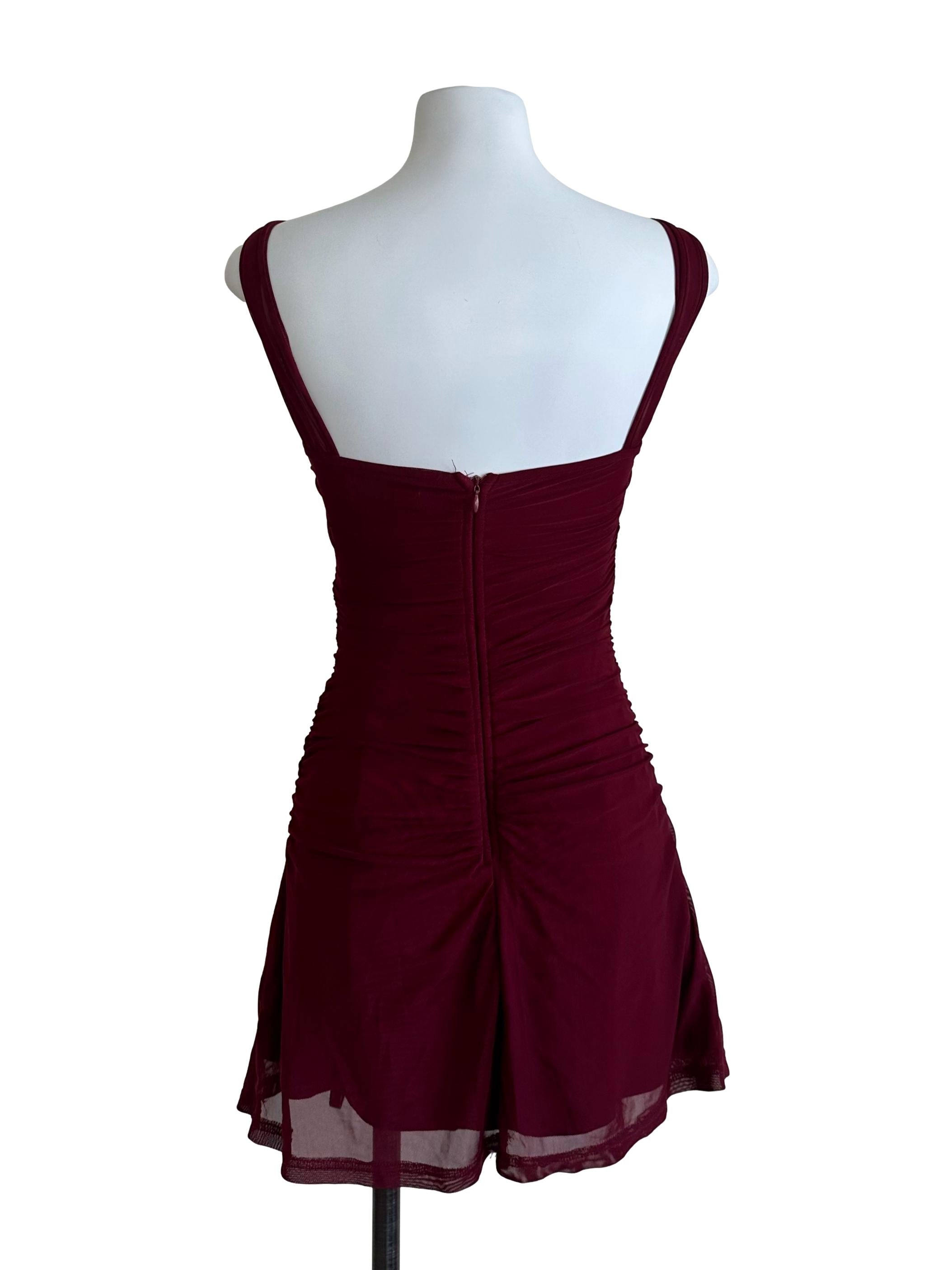 Maroon Red Ruched Mesh Net Dress
