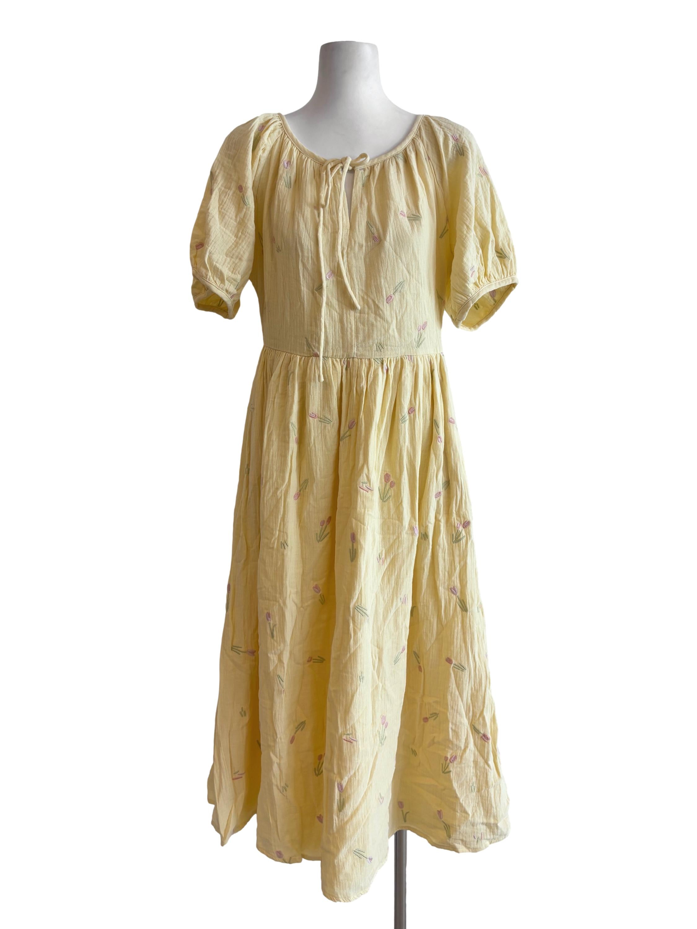 Butter Yellow Embroidered Tulip Dress