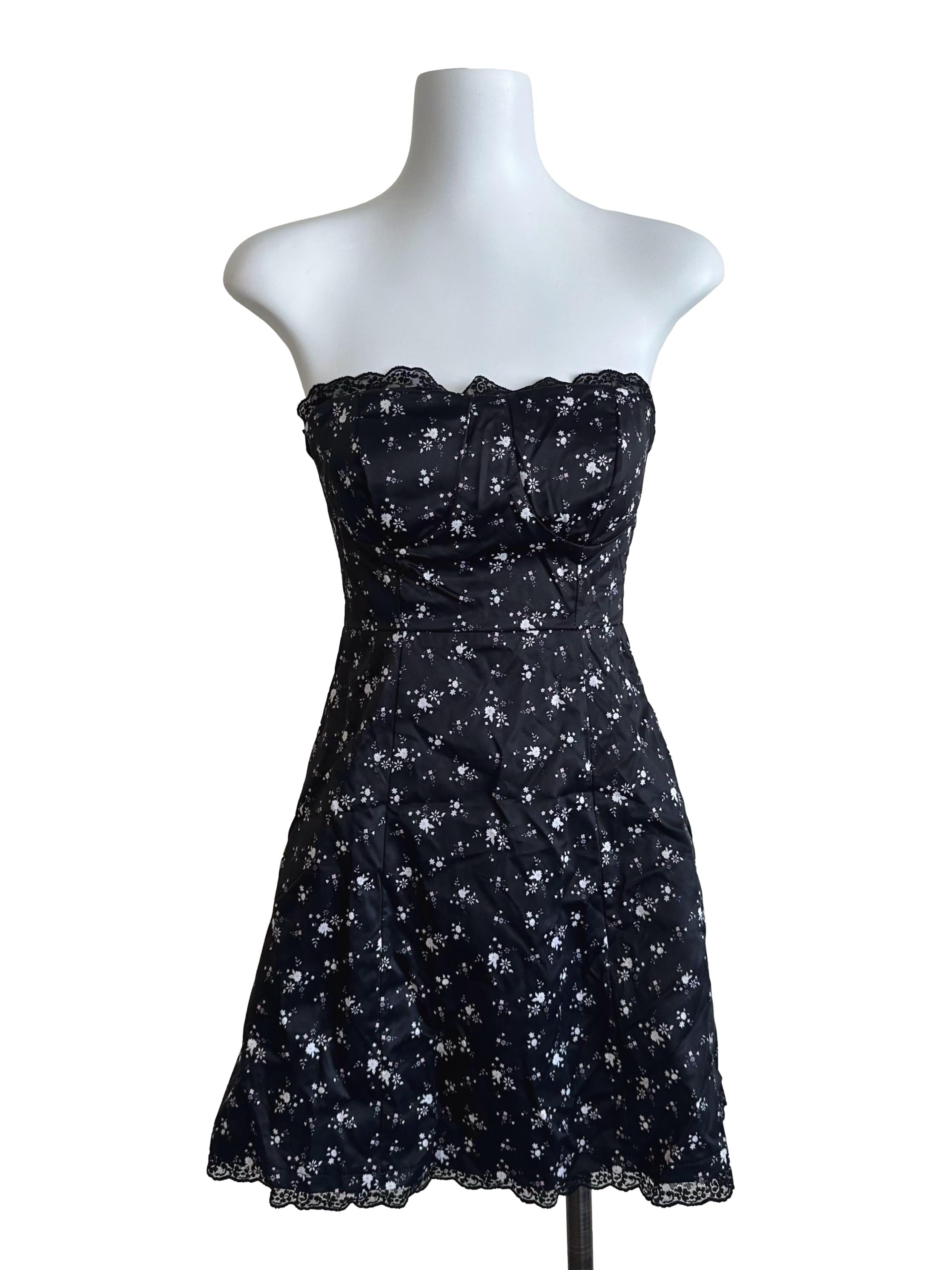 Onyx Black Floral Lace Border Strapless Dress