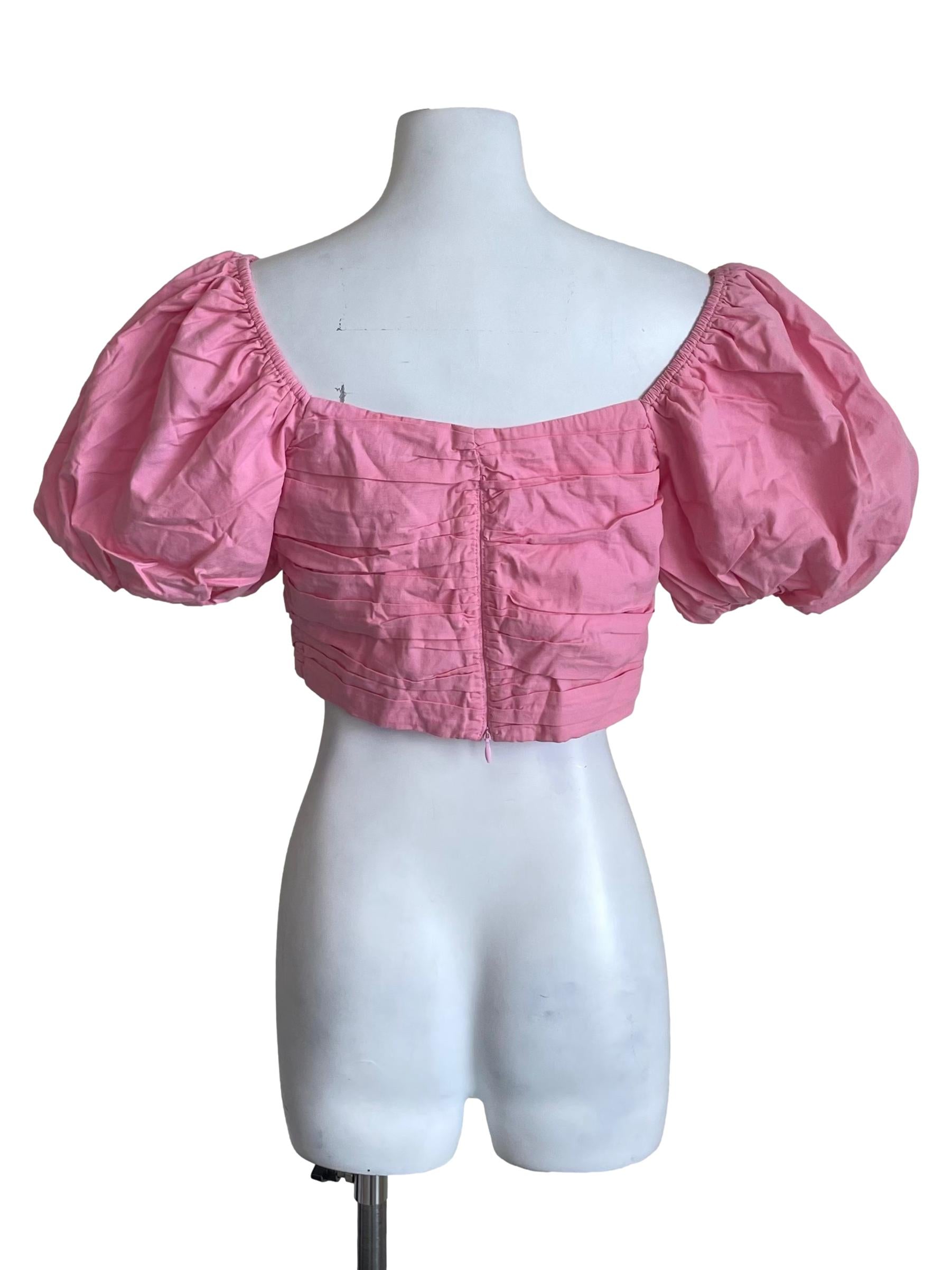 Watermelon Pink Puff Sleeves Crop Top