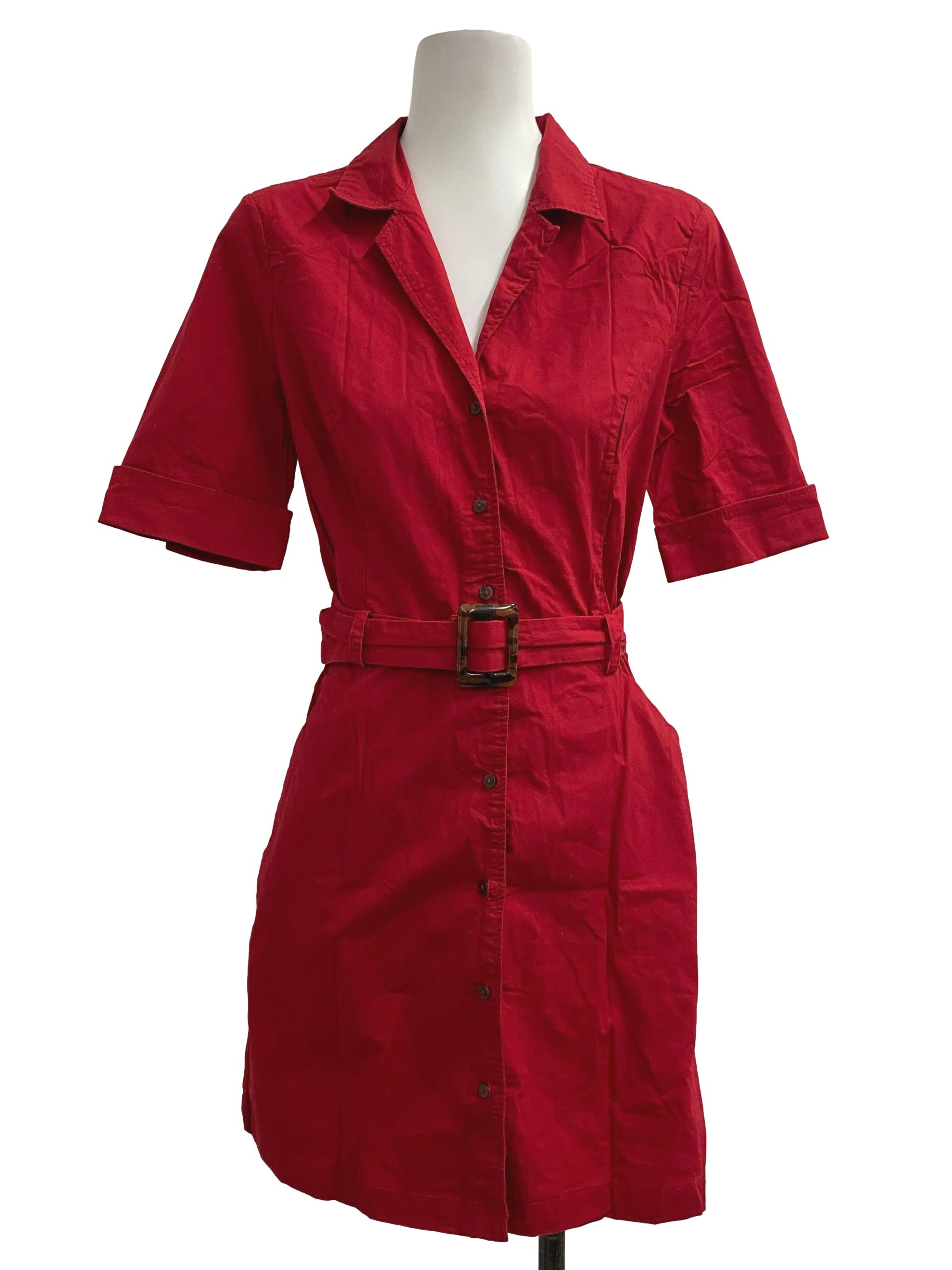 Red Open-Collar Button Belted Shirt Dress