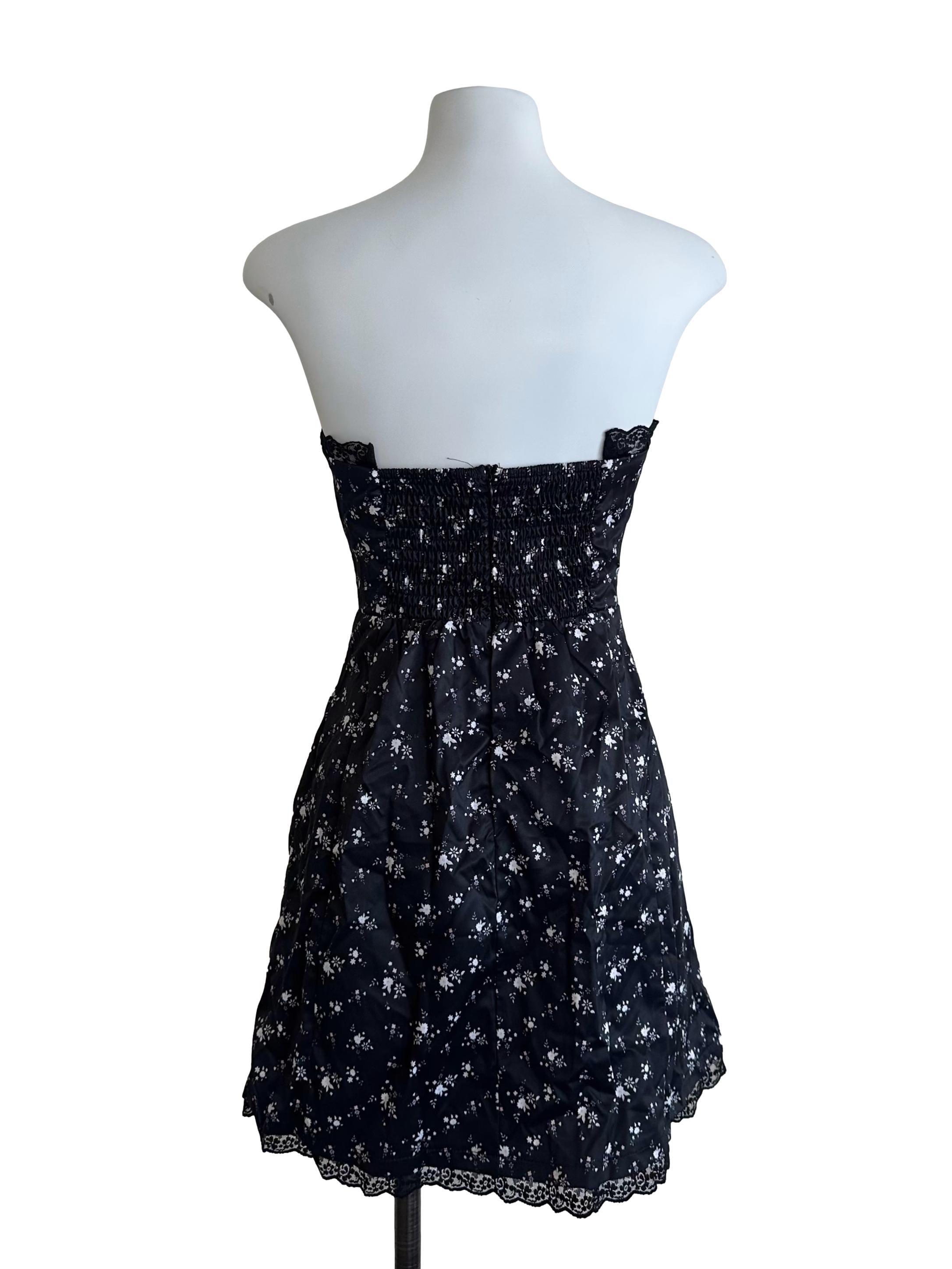 Onyx Black Floral Lace Border Strapless Dress