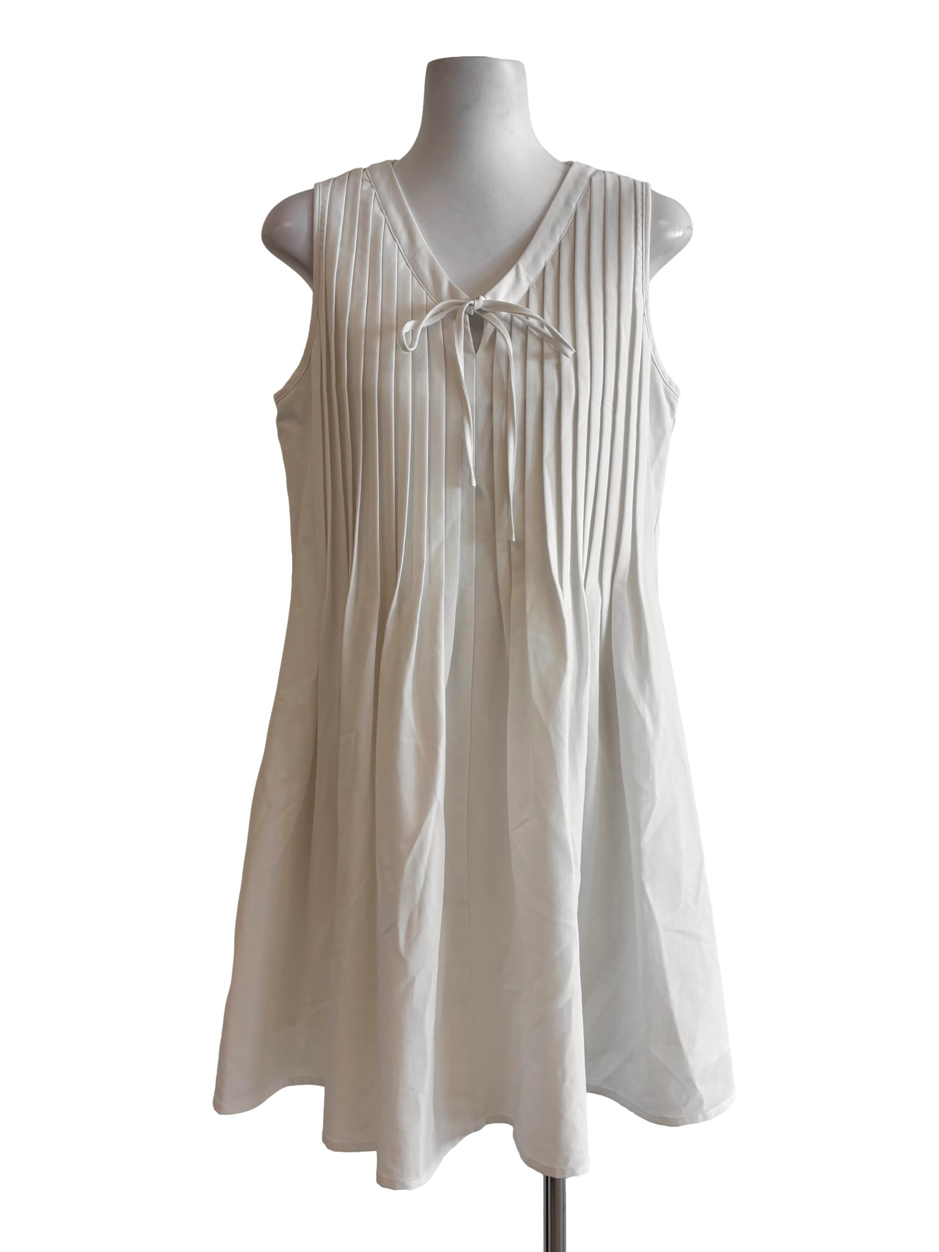 Rice White Sleeveless Pleated A-Line Dress