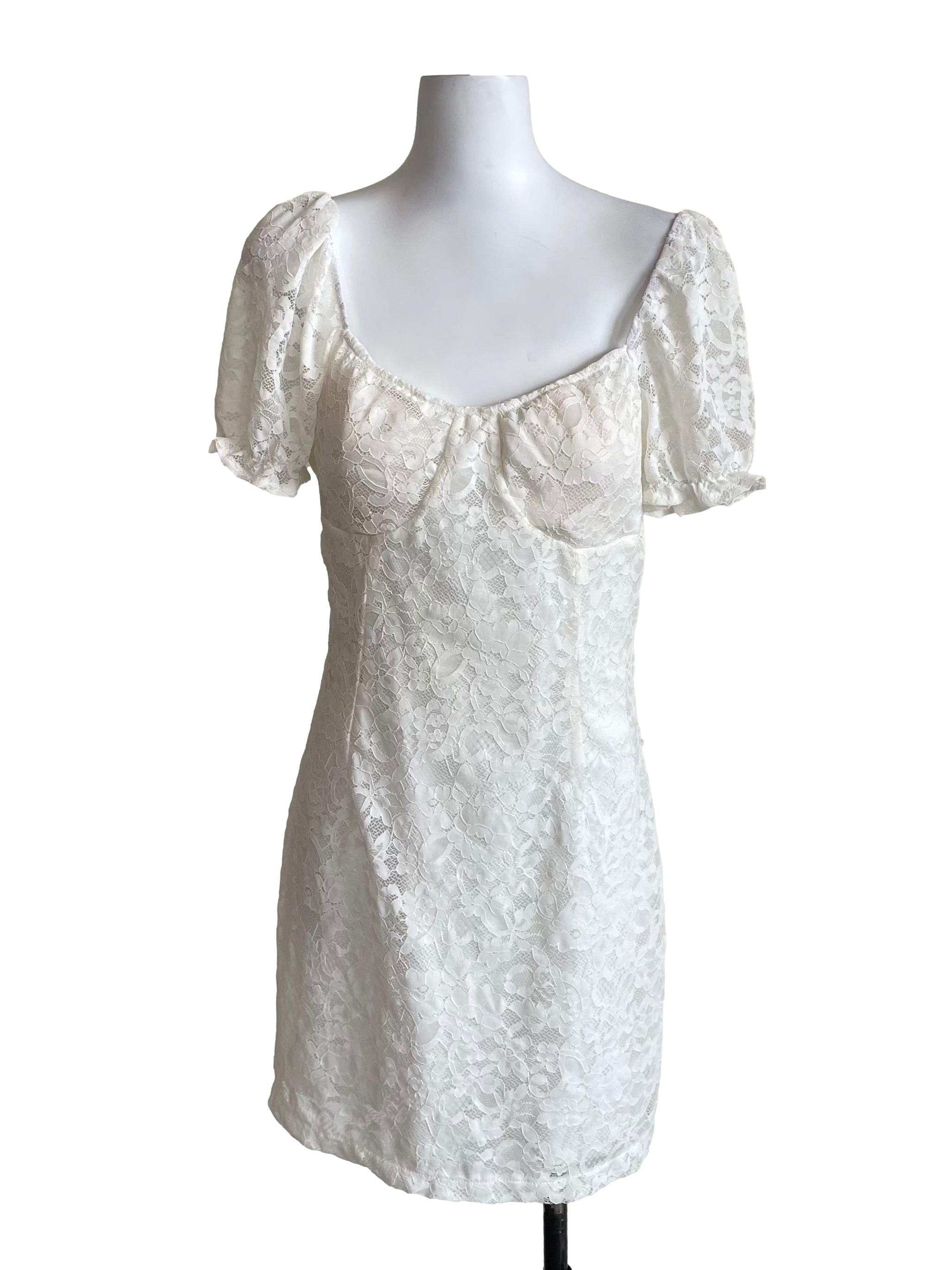 White Lace Puff Sleeves Dress