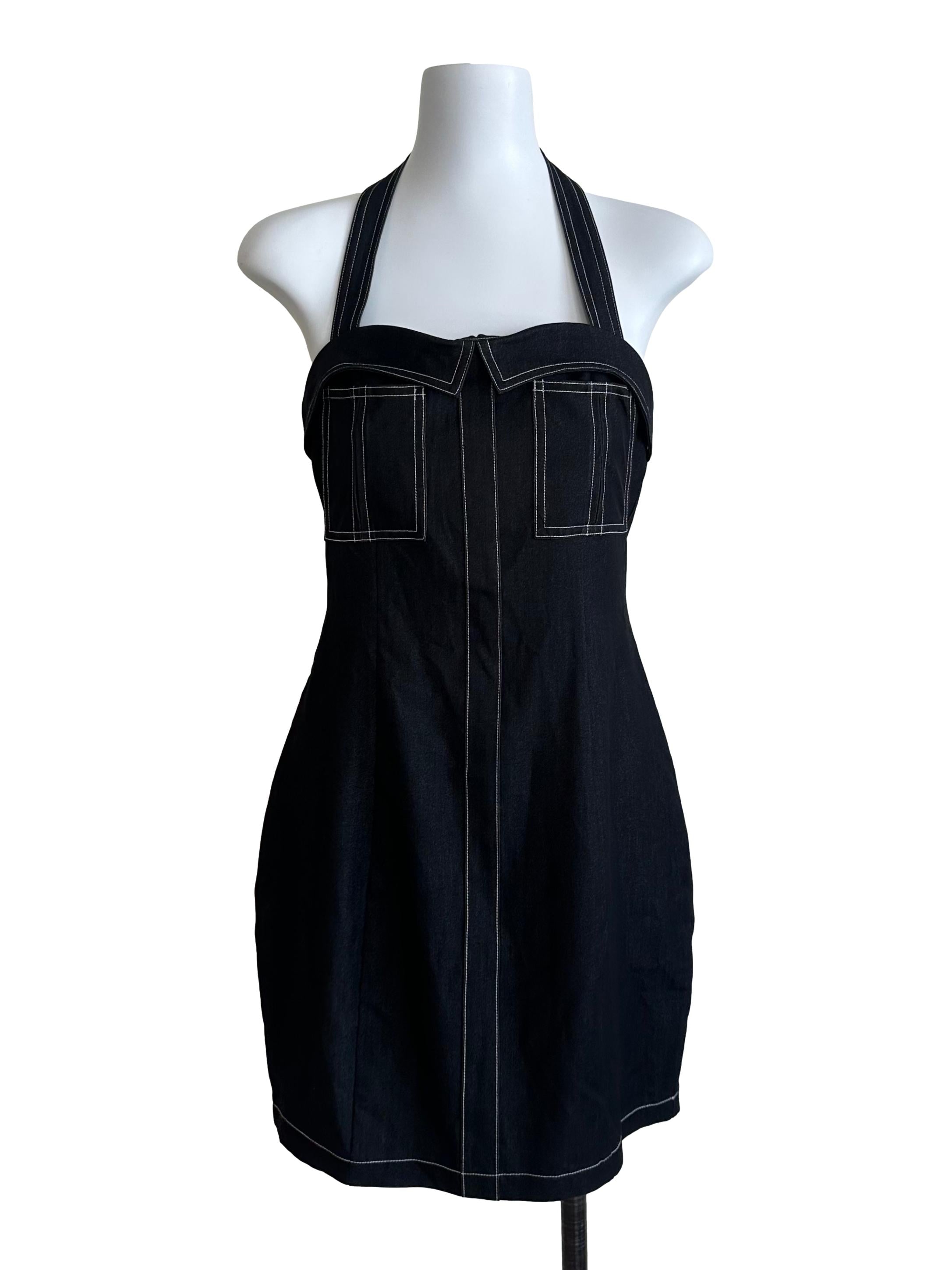 Charcoal Black Halter Pocket Dress