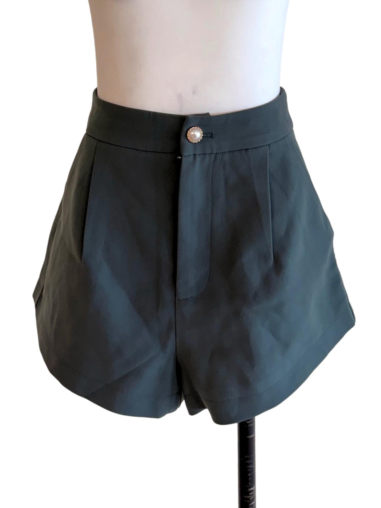 Teal Green Pearl Button Flare Shorts