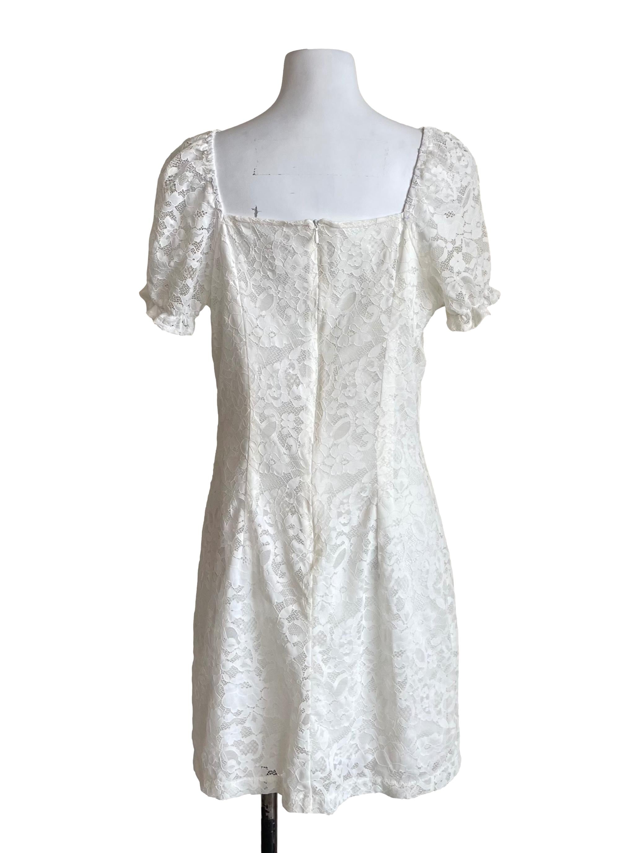 White Lace Puff Sleeves Dress