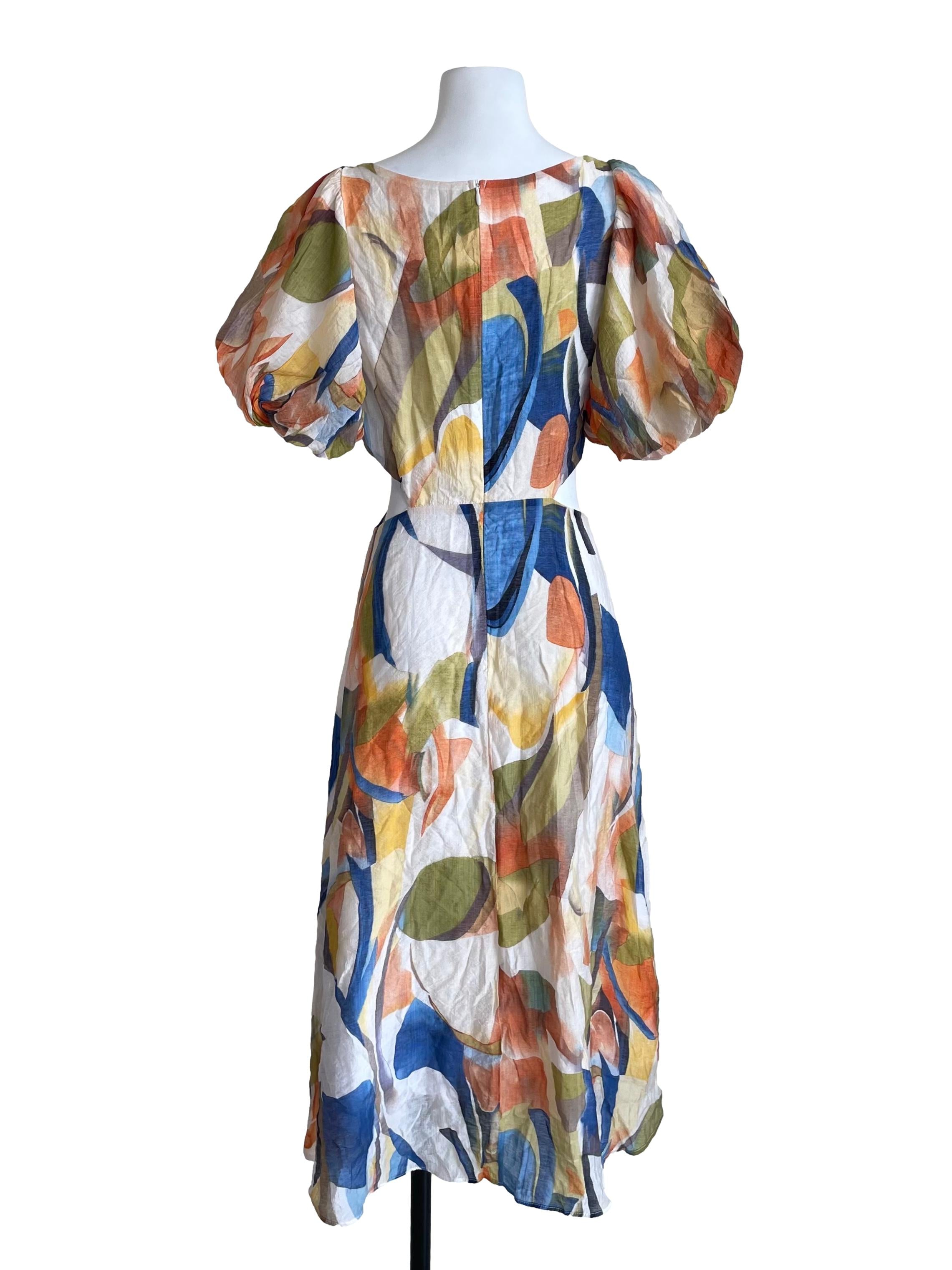 Cream Multicolour Print Puff Sleeve Dress