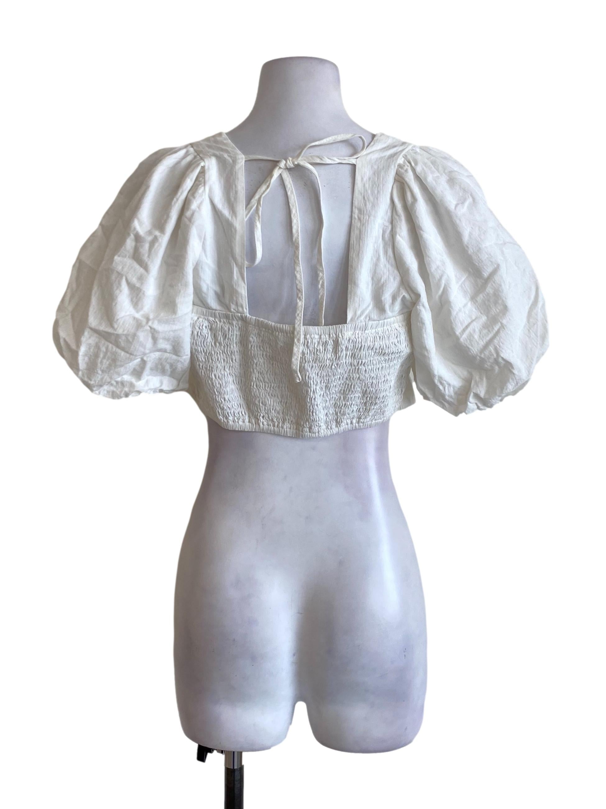White Plain Square Neck Puffed Sleeved Cropped Shirt