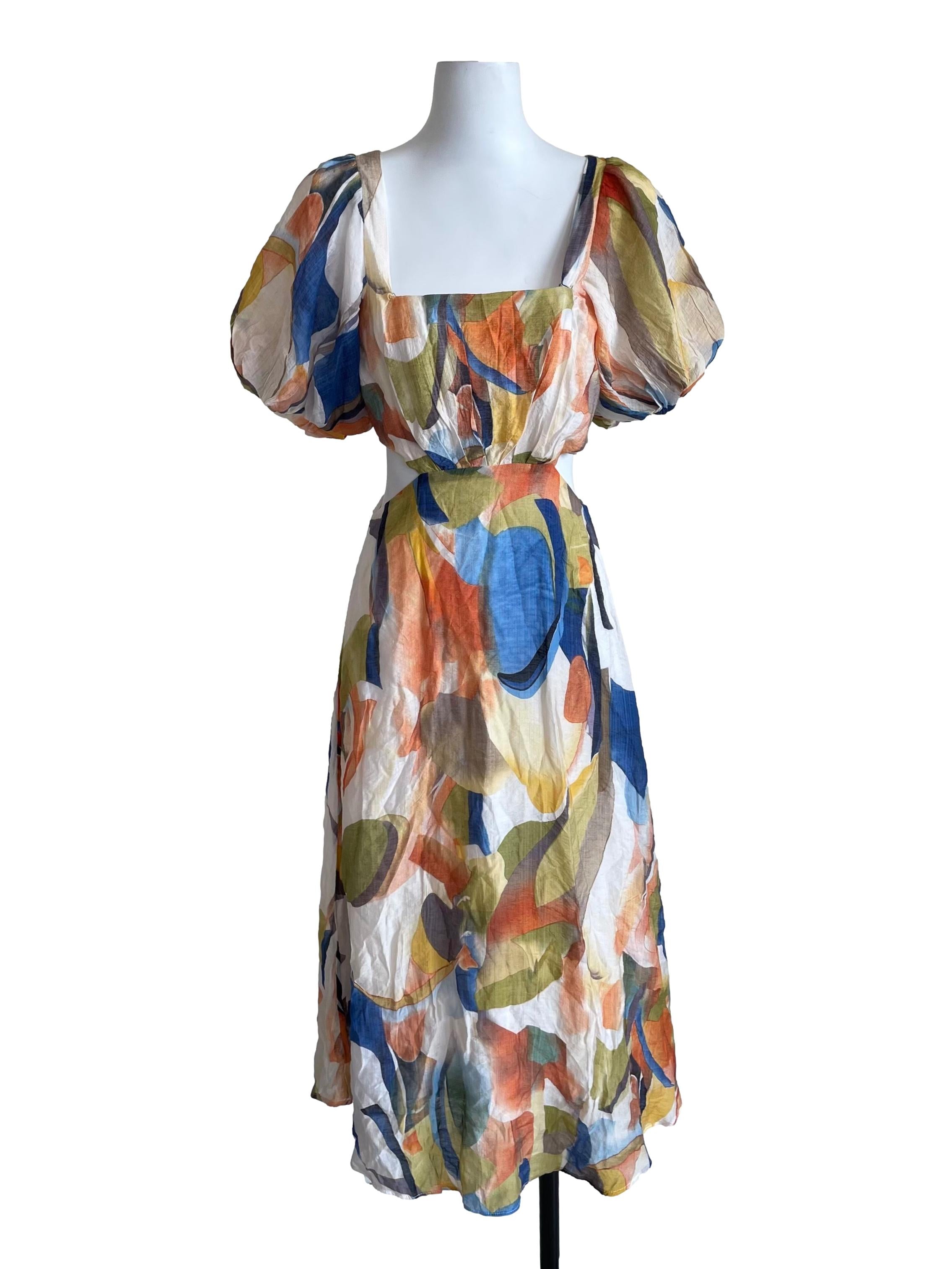 Cream Multicolour Print Puff Sleeve Dress