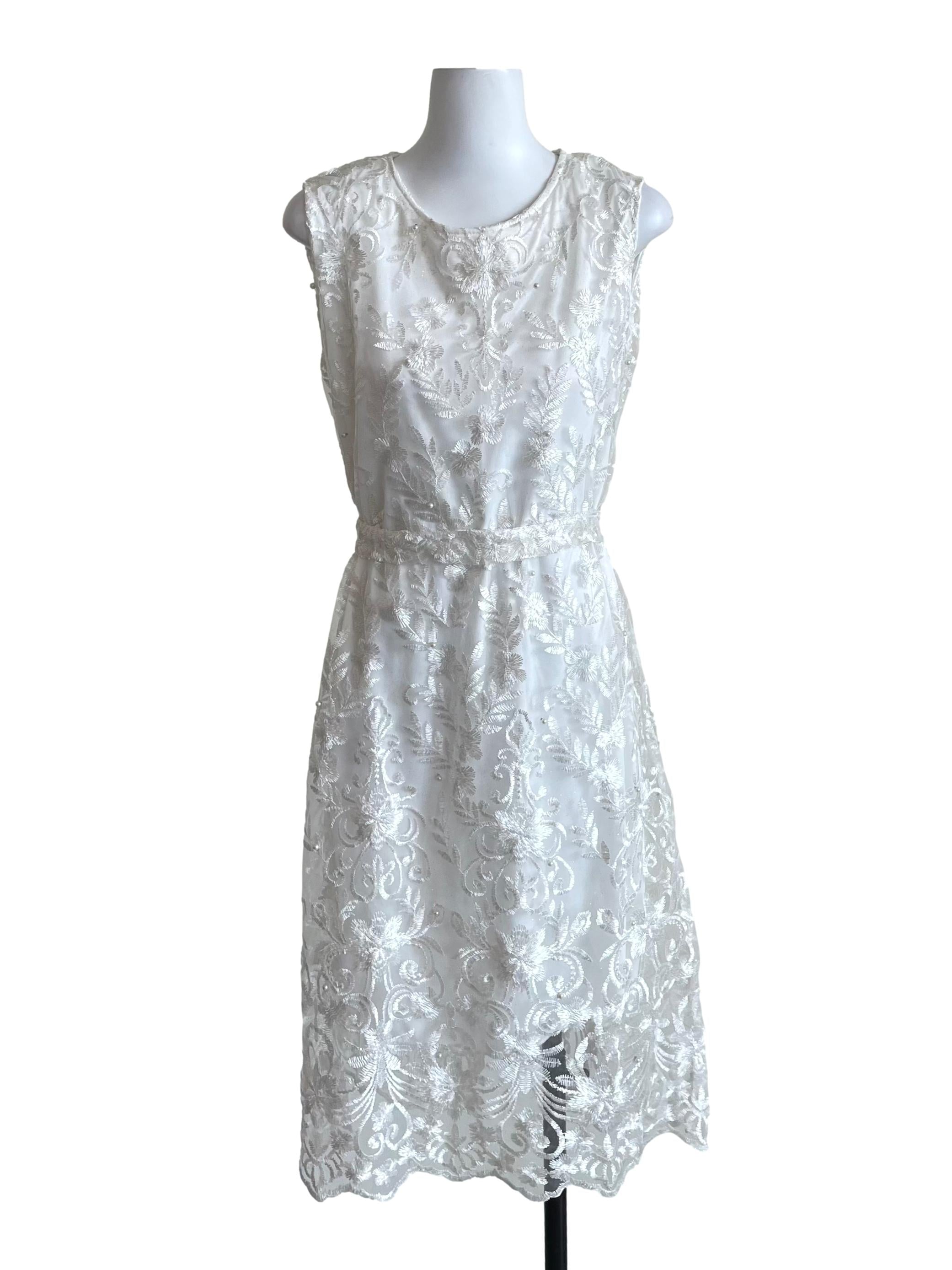 White Floral Mesh And Pearls Straight Dress