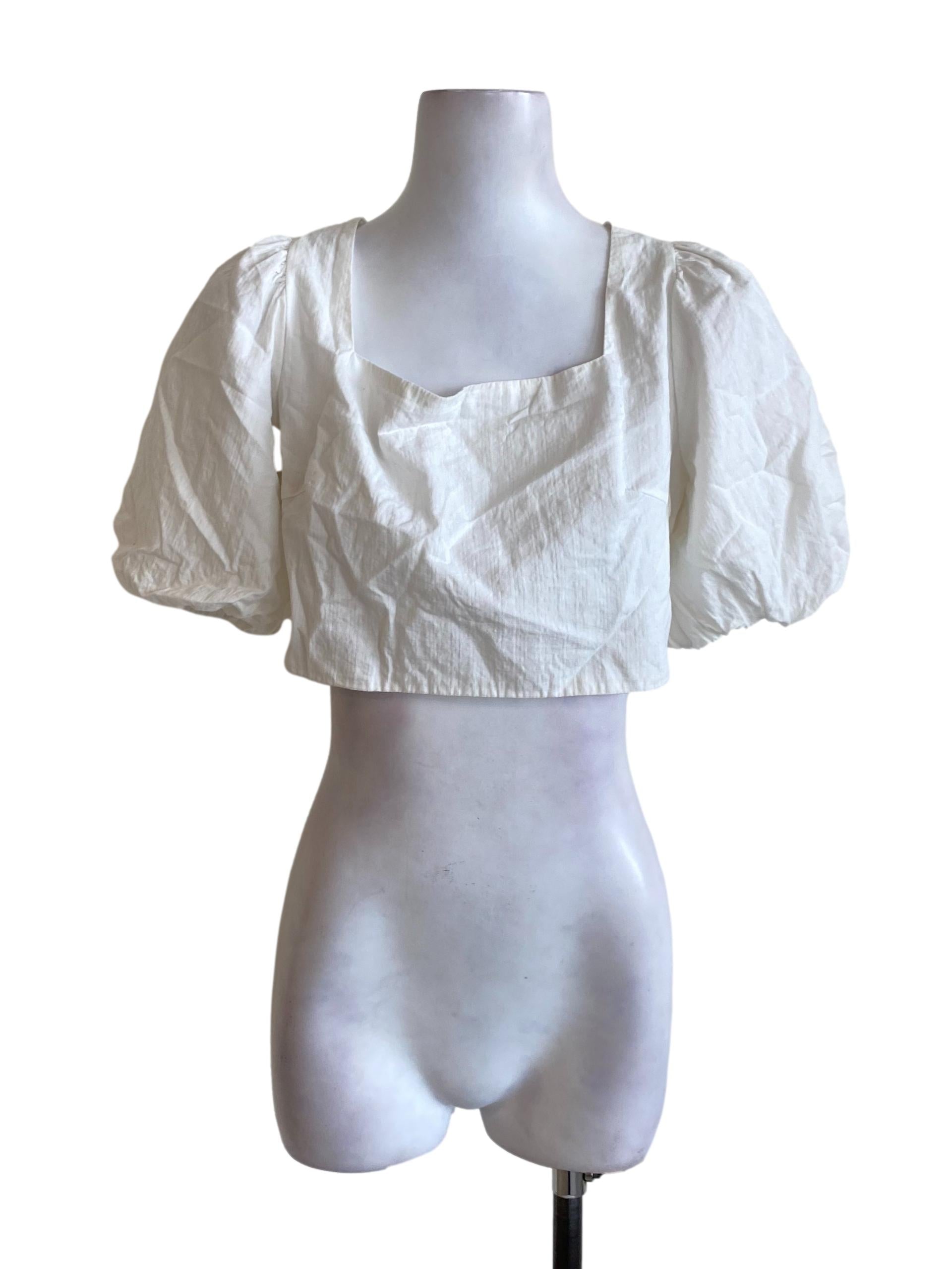 White Plain Square Neck Puffed Sleeved Cropped Shirt