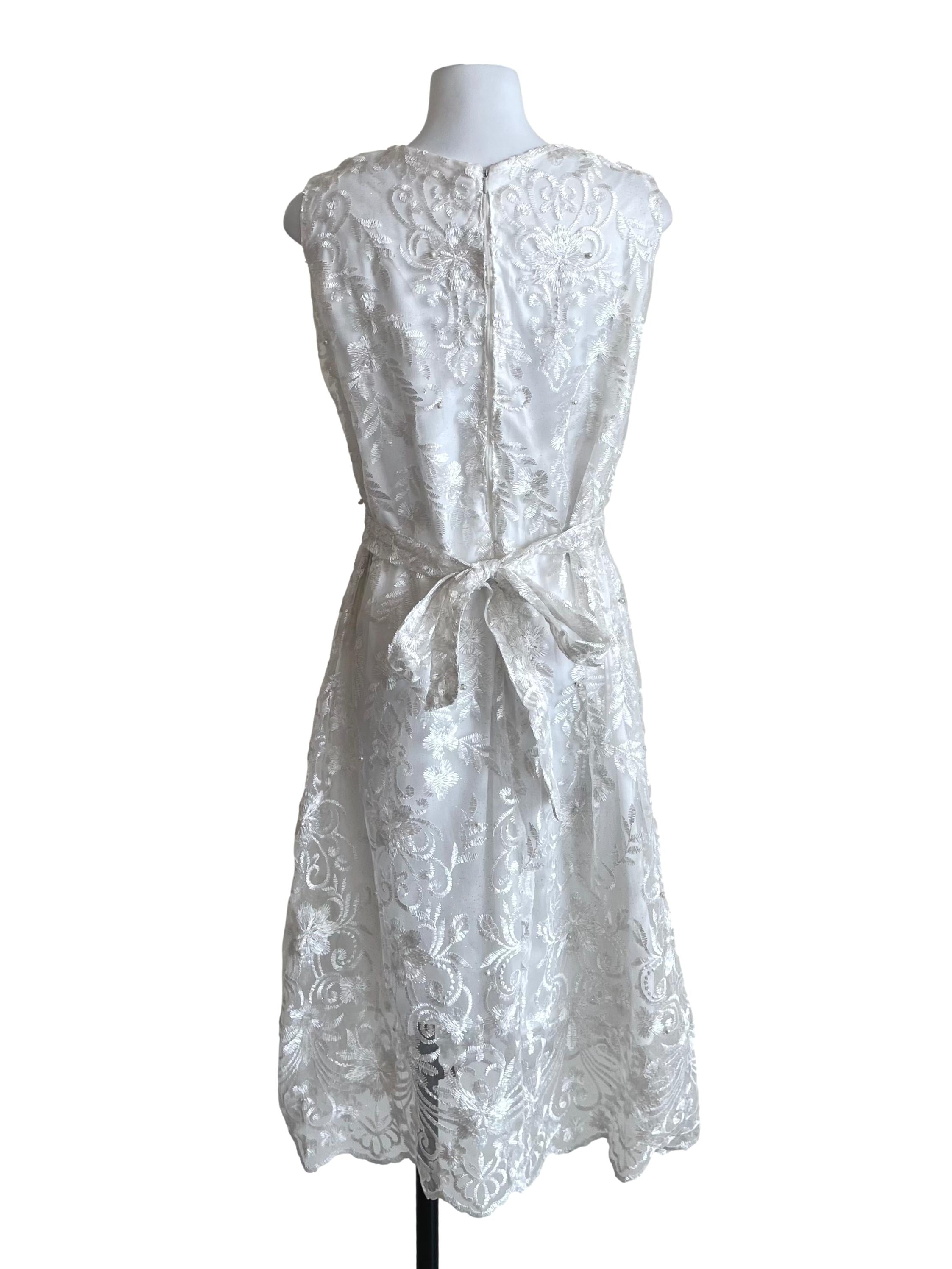 White Floral Mesh And Pearls Straight Dress