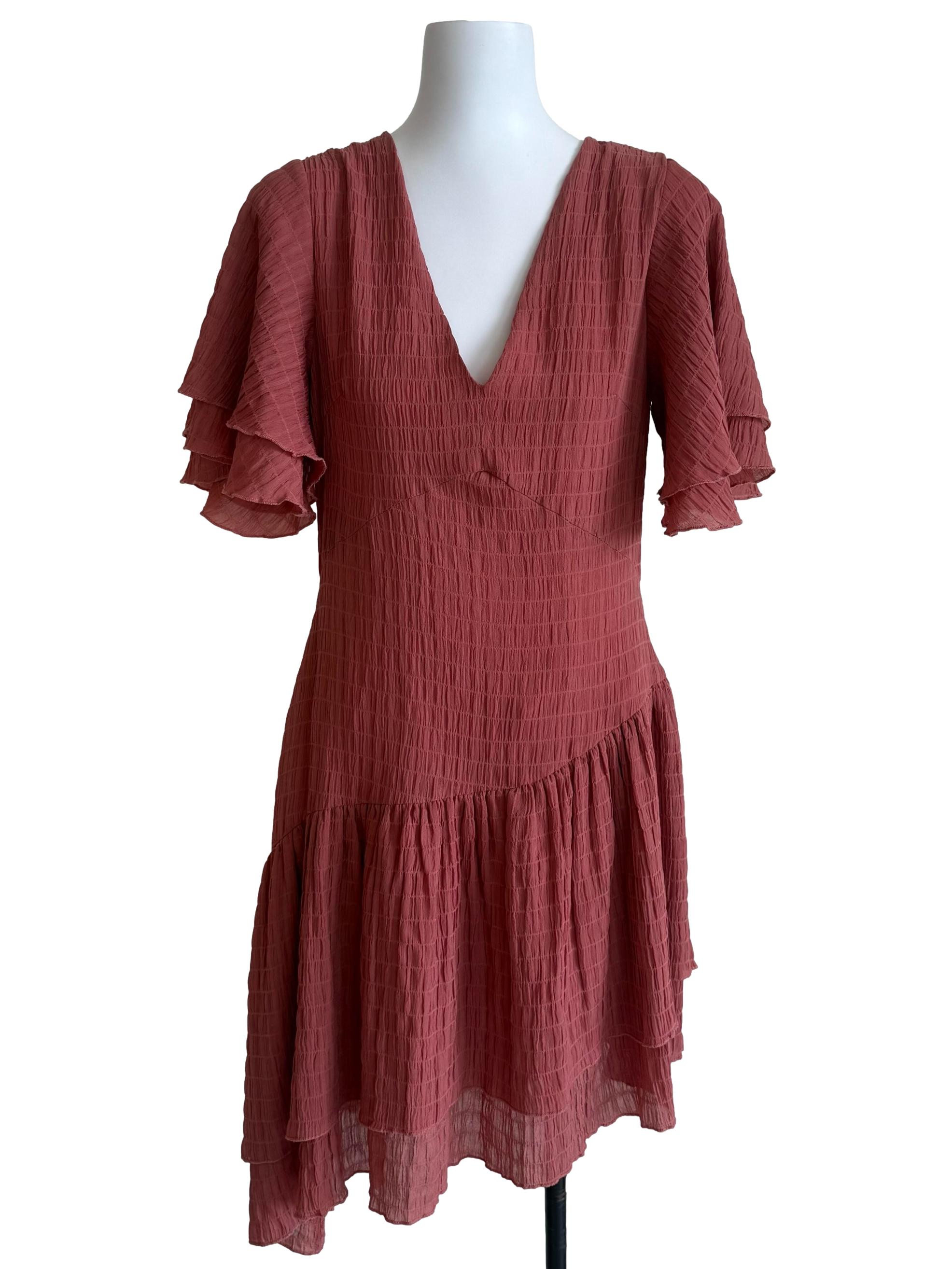 Dusty Coral Layer Sleeves V Neck Dress