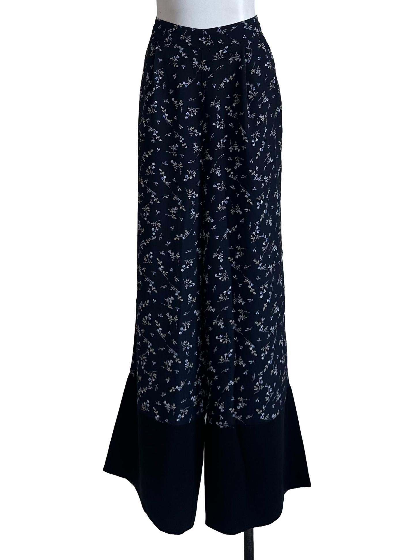 Navy Blue Floral Wide Leg Pants