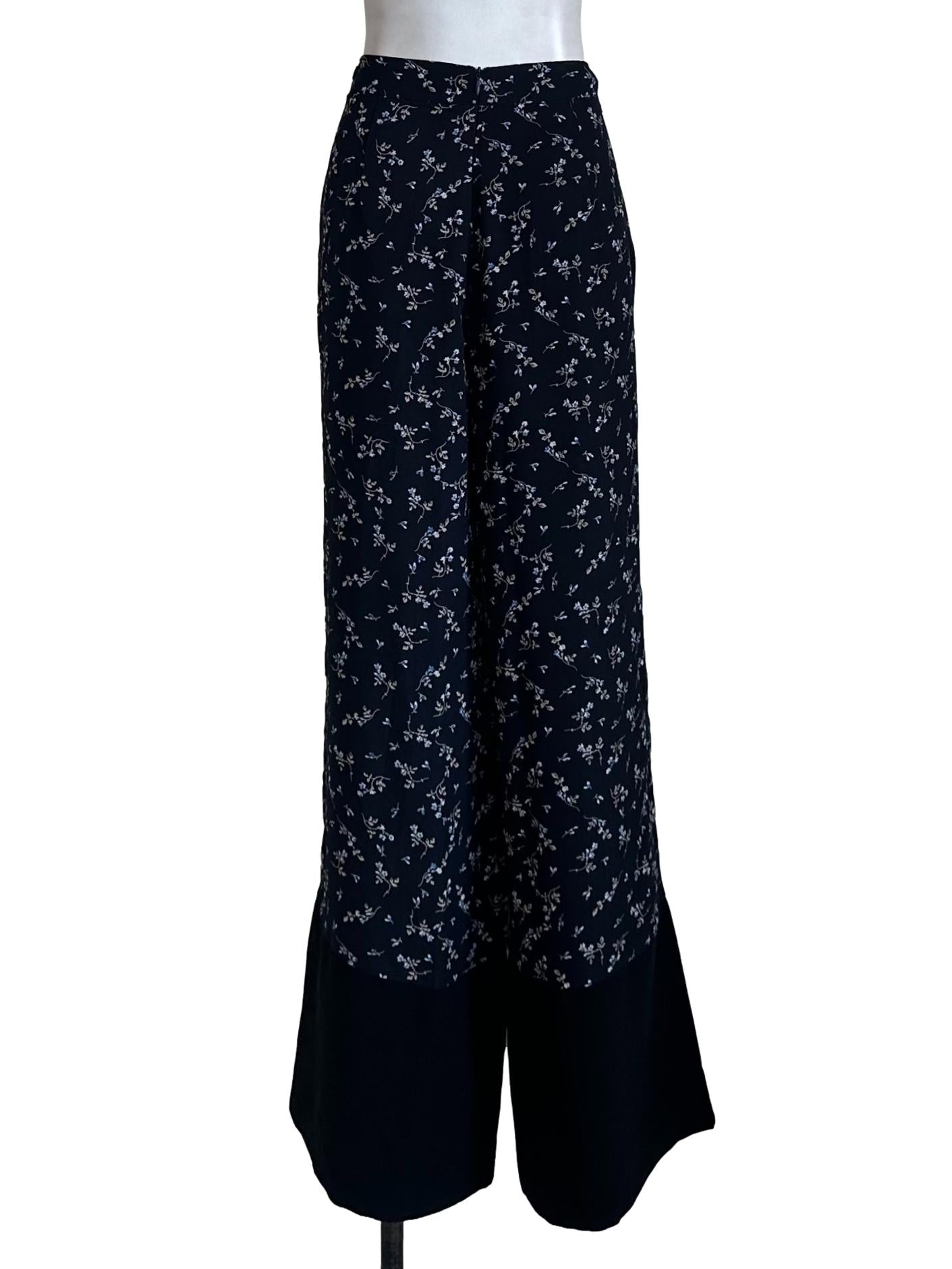 Navy Blue Floral Wide Leg Pants