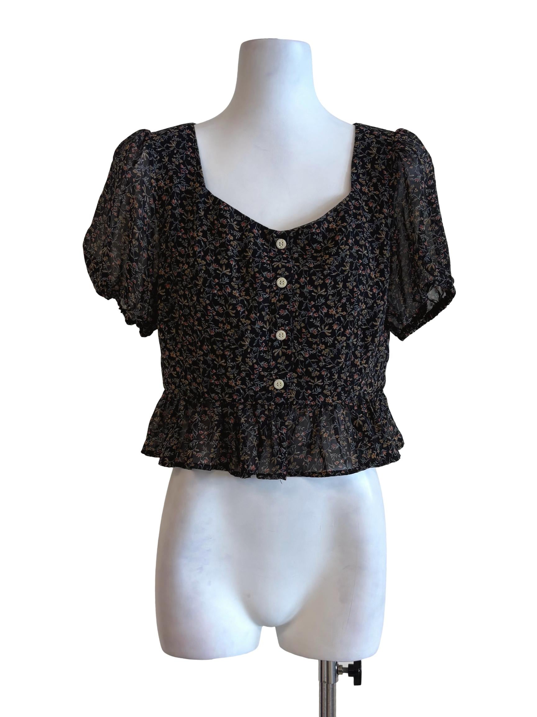 Soft Black Floral Buttoned Peplum Top