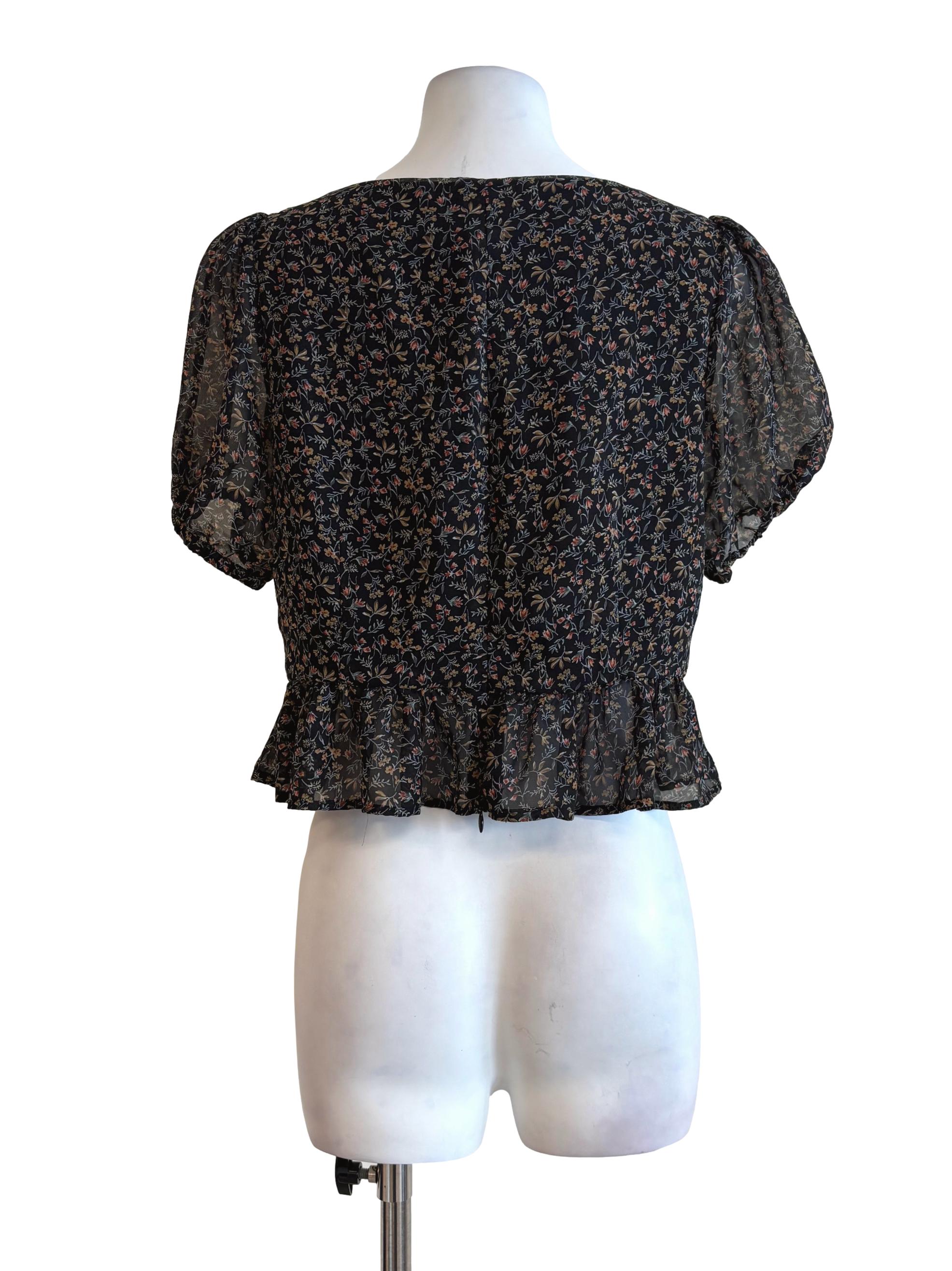 Soft Black Floral Buttoned Peplum Top
