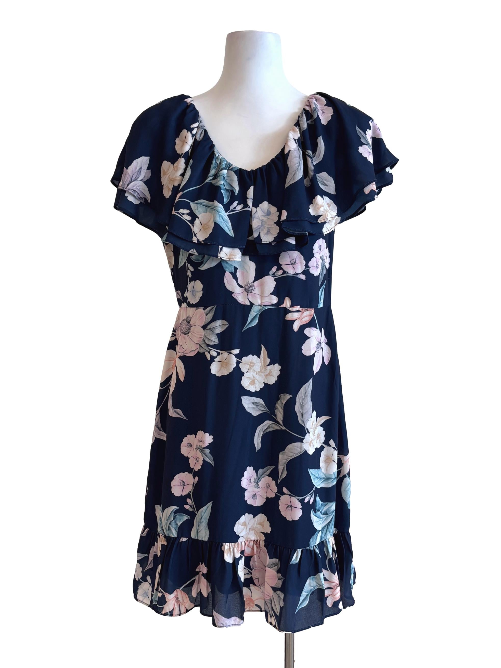 Navy Blue Ruffle Shoulder Floral Dress TCL