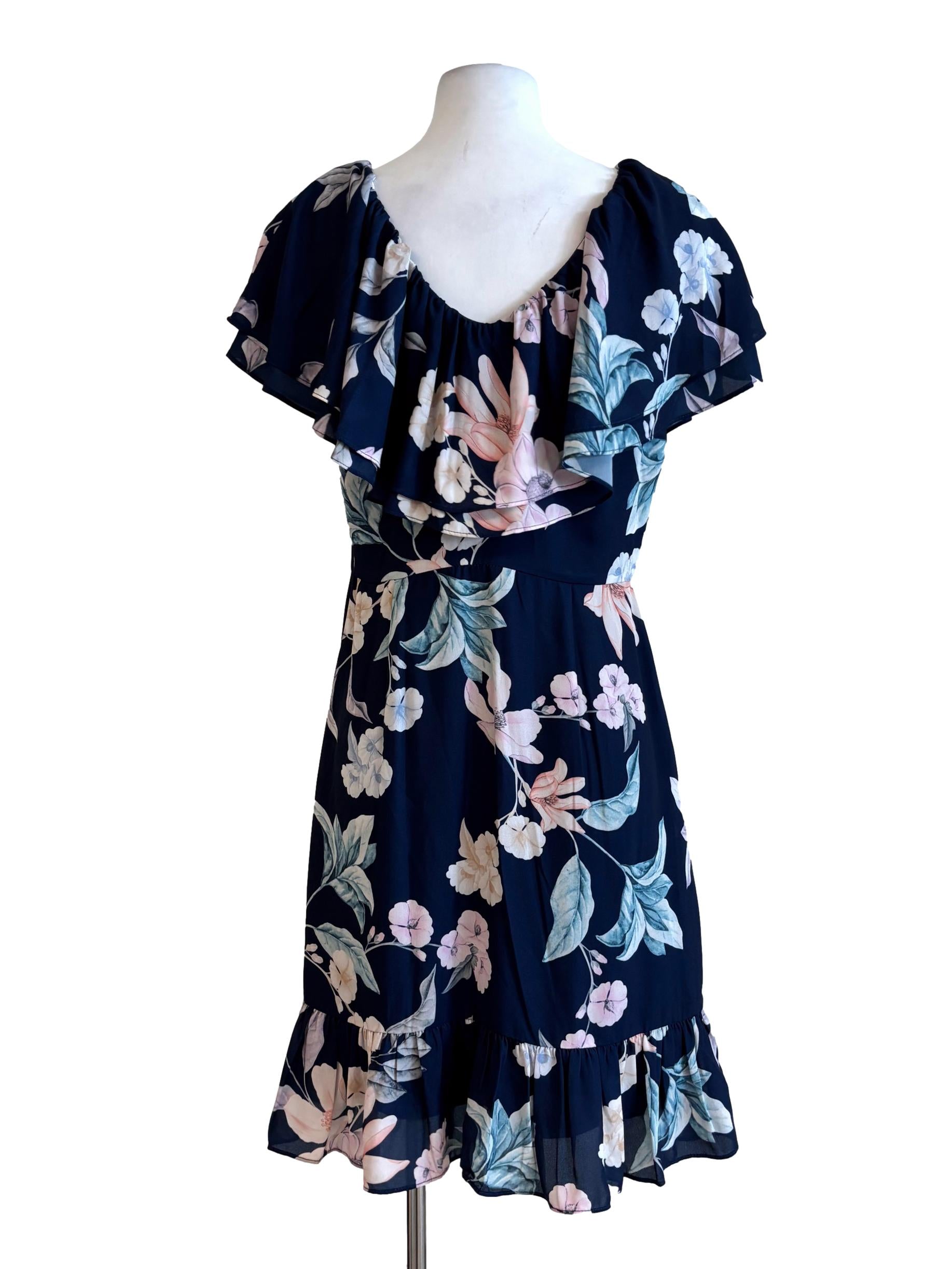 Navy Blue Ruffle Shoulder Floral Dress TCL