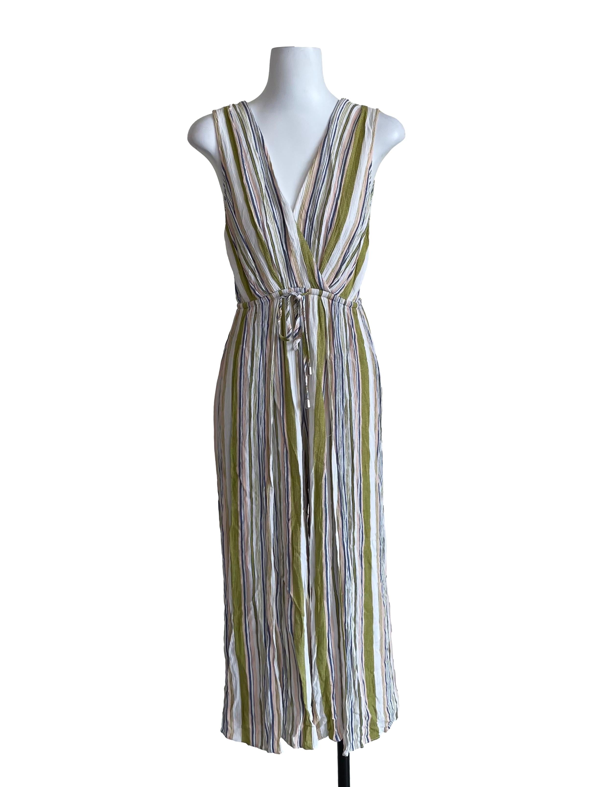 White Multicolour Stripes V Neck Jumpsuit