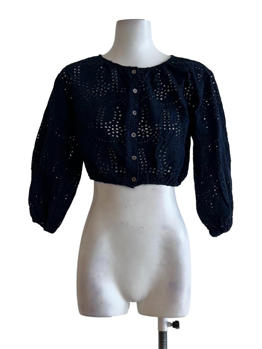 Blue Embroidered Cropped Blouse