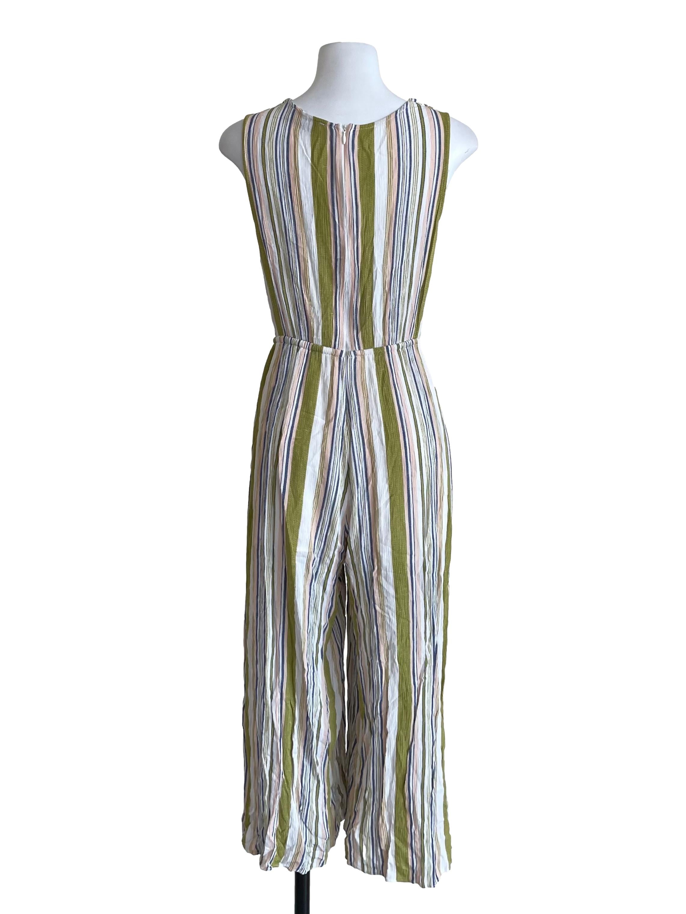 White Multicolour Stripes V Neck Jumpsuit