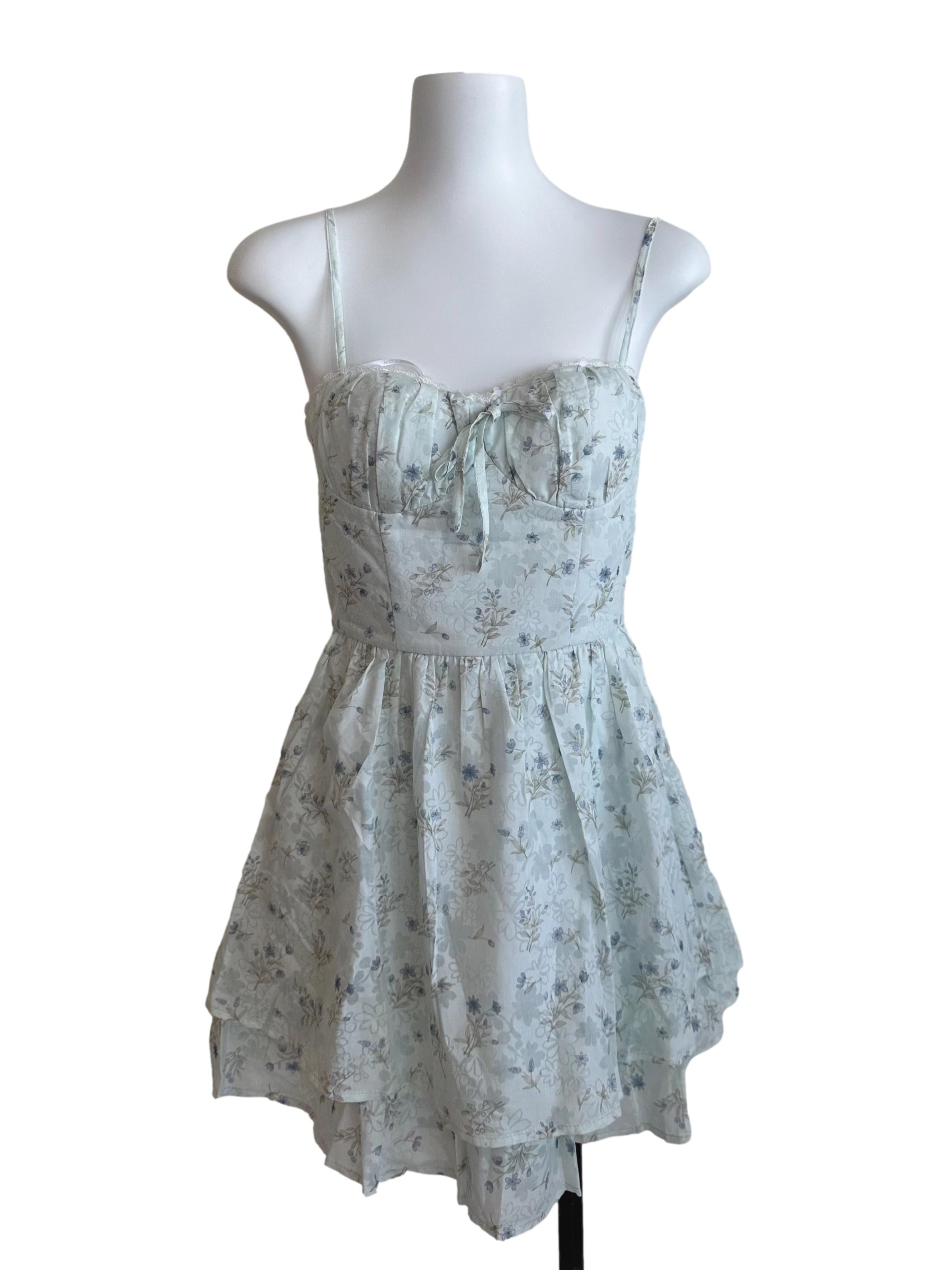 Ash Blue Floral Ribbon Layered Dress