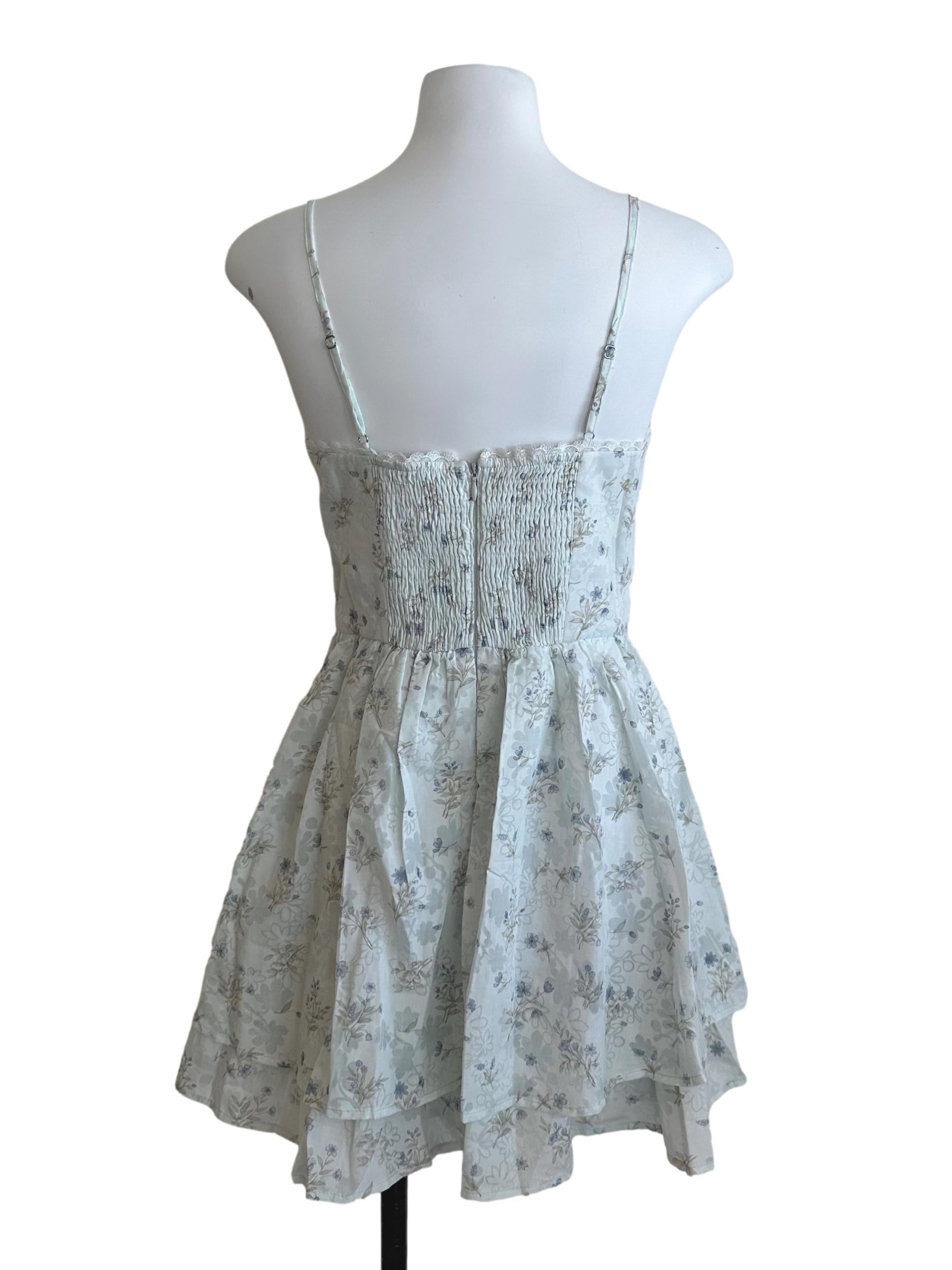 Ash Blue Floral Ribbon Layered Dress