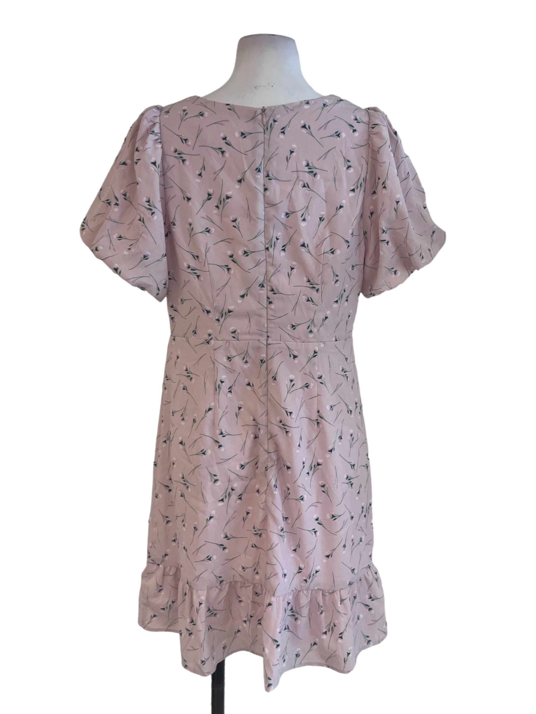 Blush Pink Floral Pattern Puff Sleeve Dress