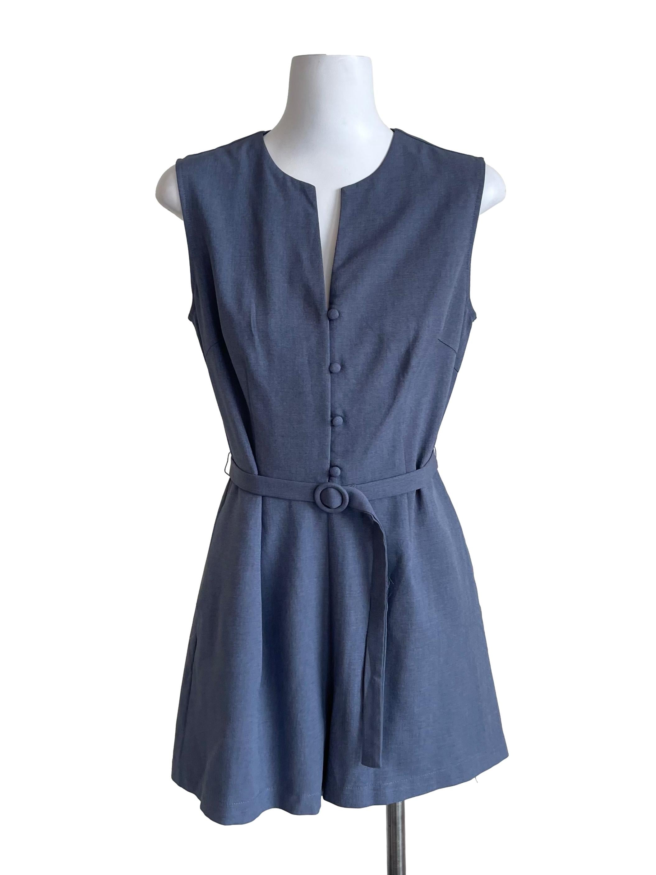 Spruce Blue Slit Chest Belted Romper