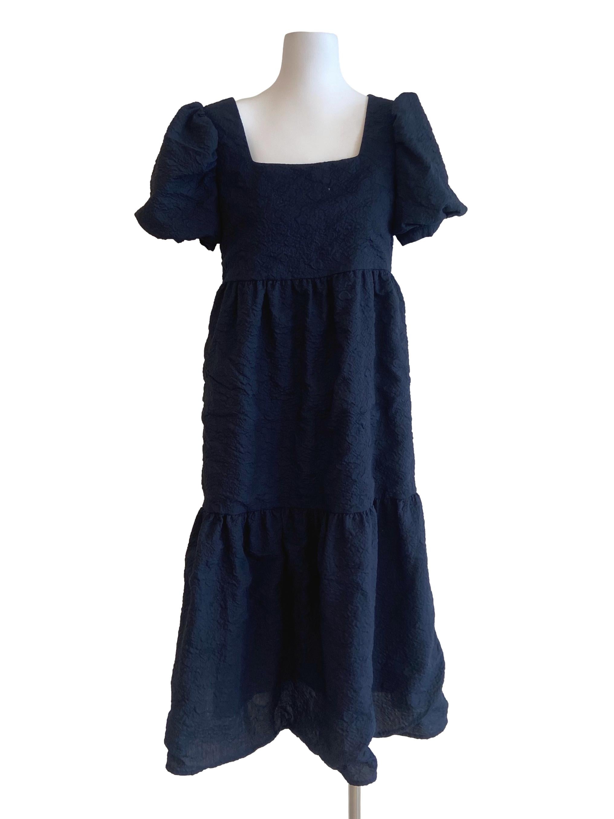 Navy Blue Layered Textured Empire Dress
