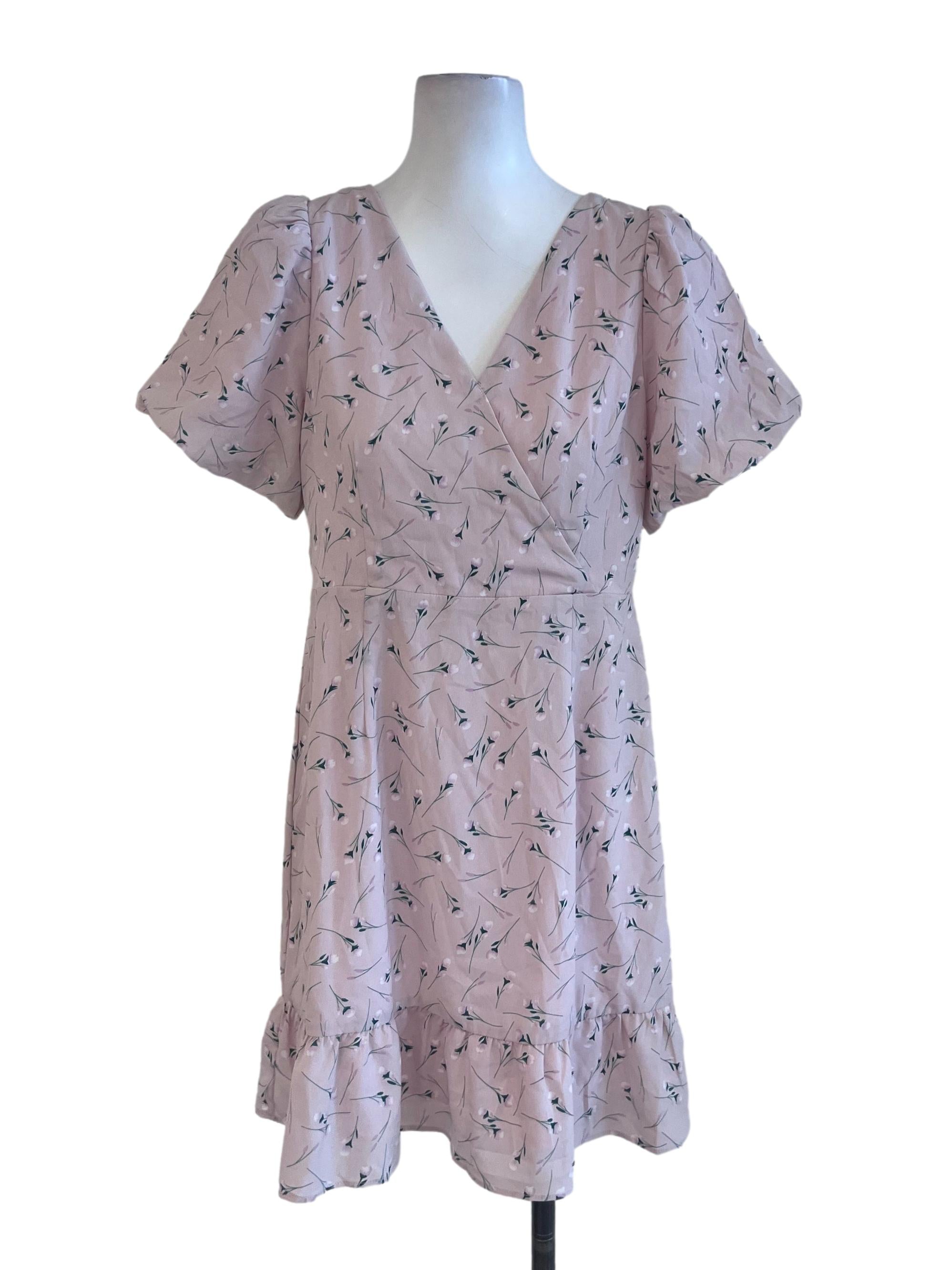 Blush Pink Floral Pattern Puff Sleeve Dress