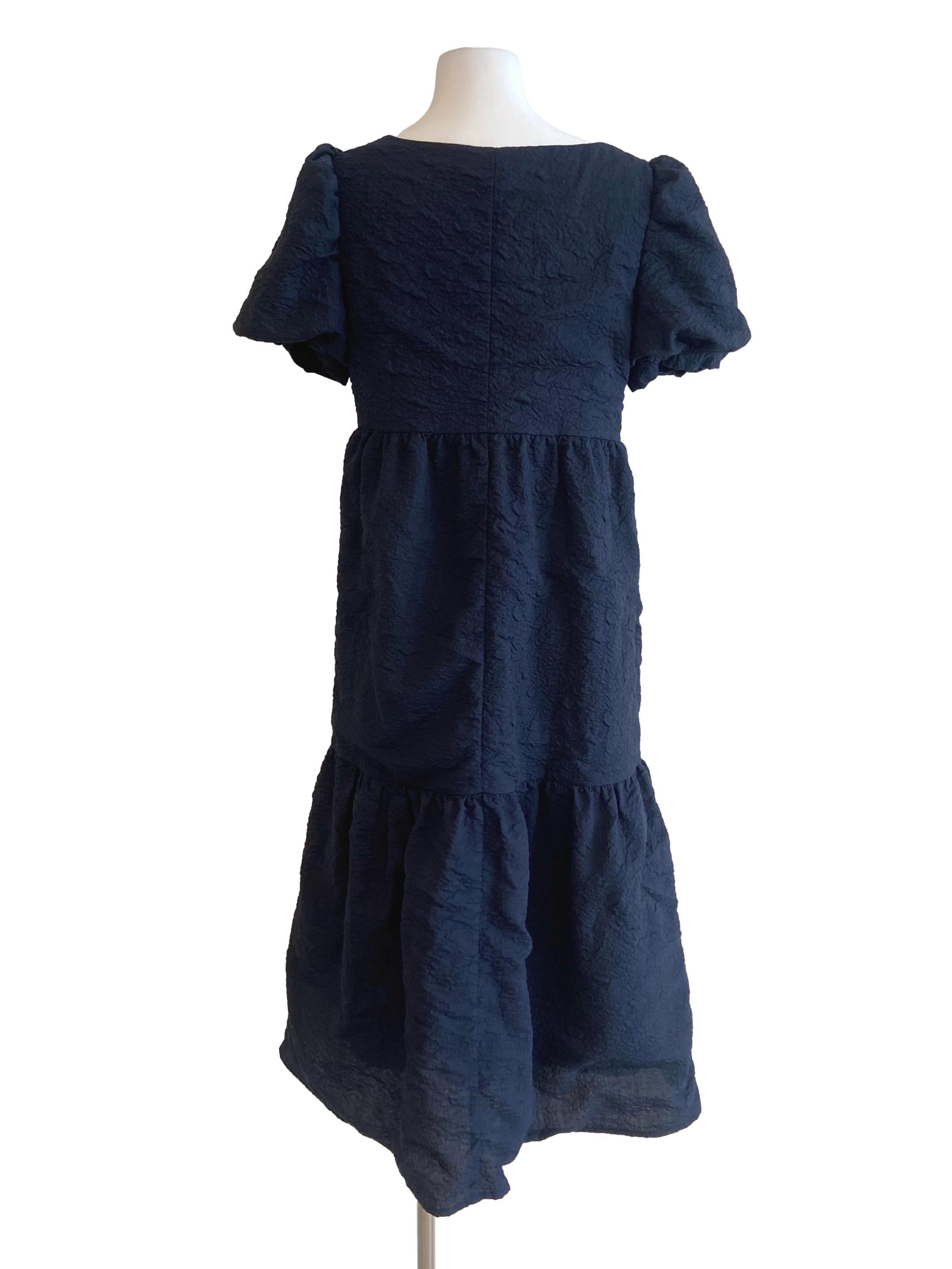 Navy Blue Layered Textured Empire Dress