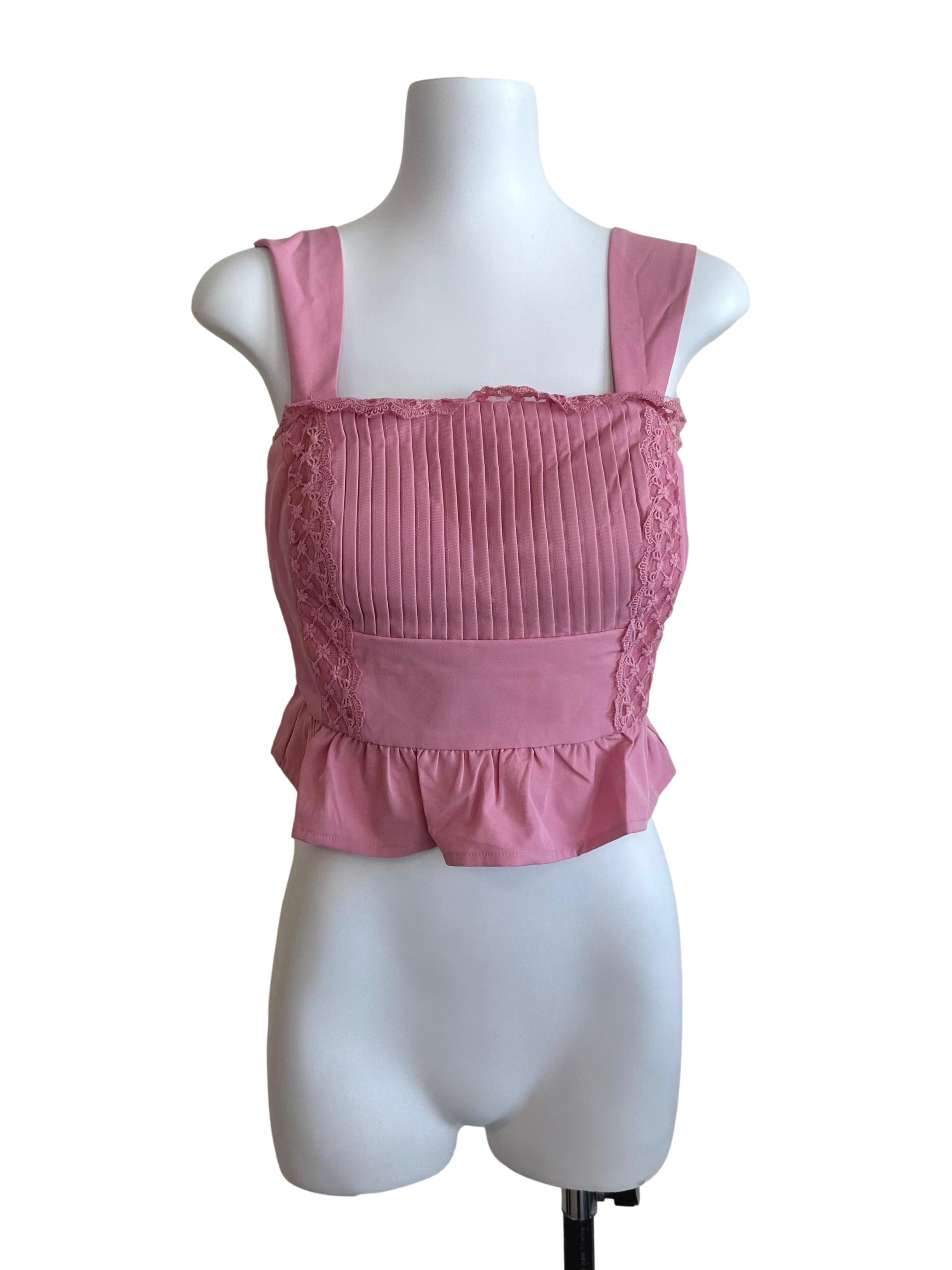 Candy Pink Pleated Lace Ruffle Top
