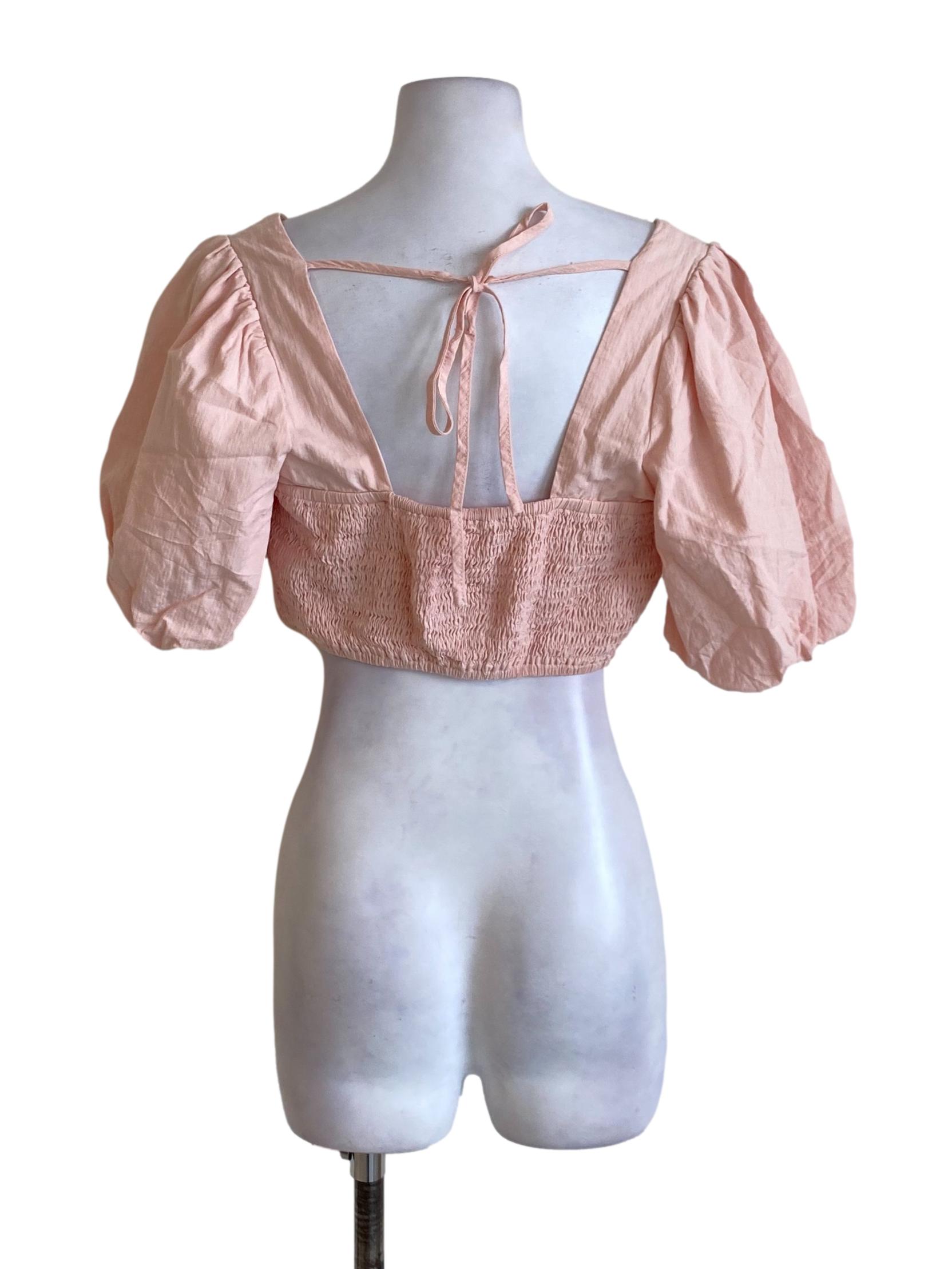 Light Flamingo Pink Square Neck Puffed Sleeved Cropped Top