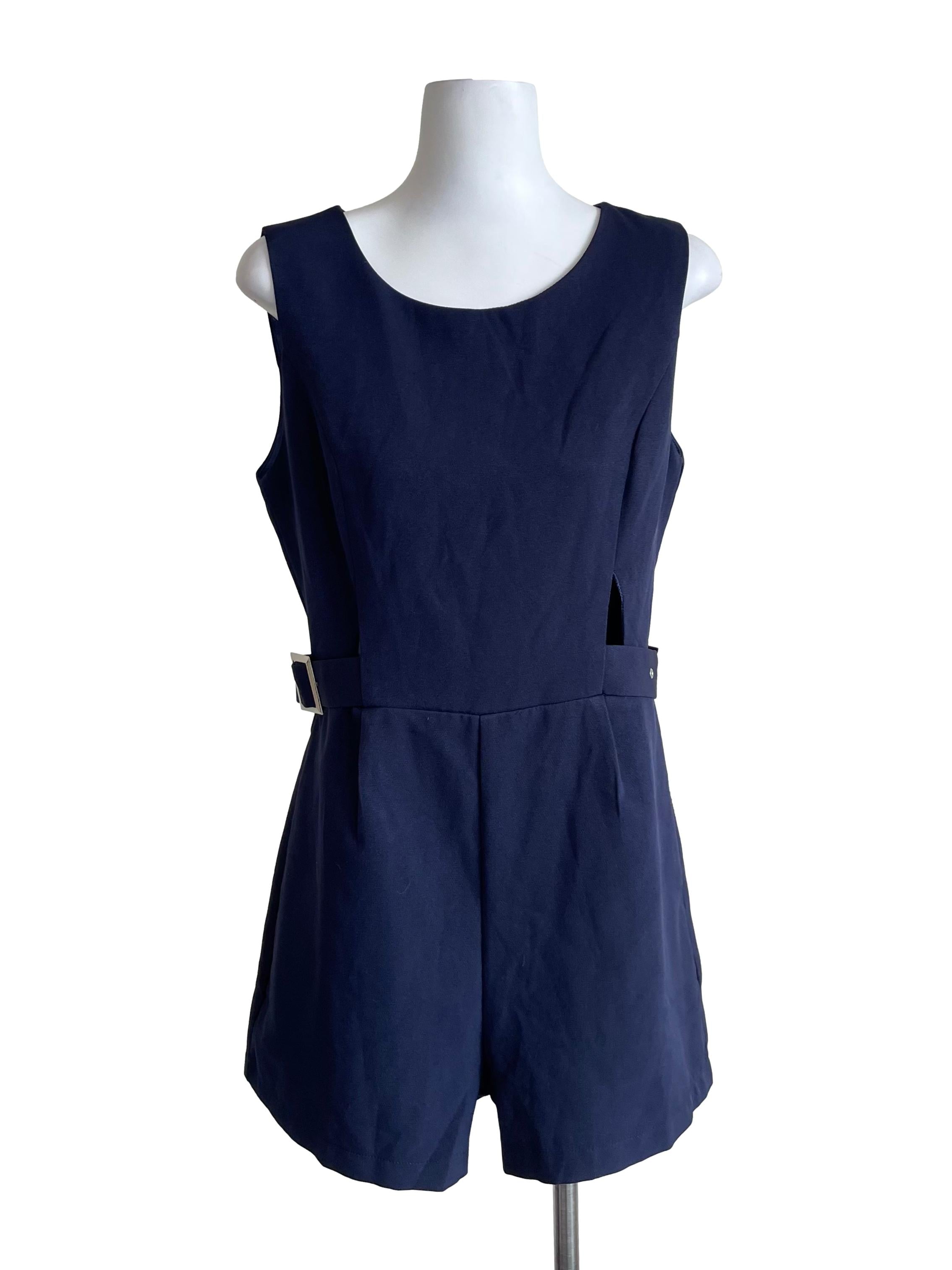 Navy Buckled Scoop Neck Romper