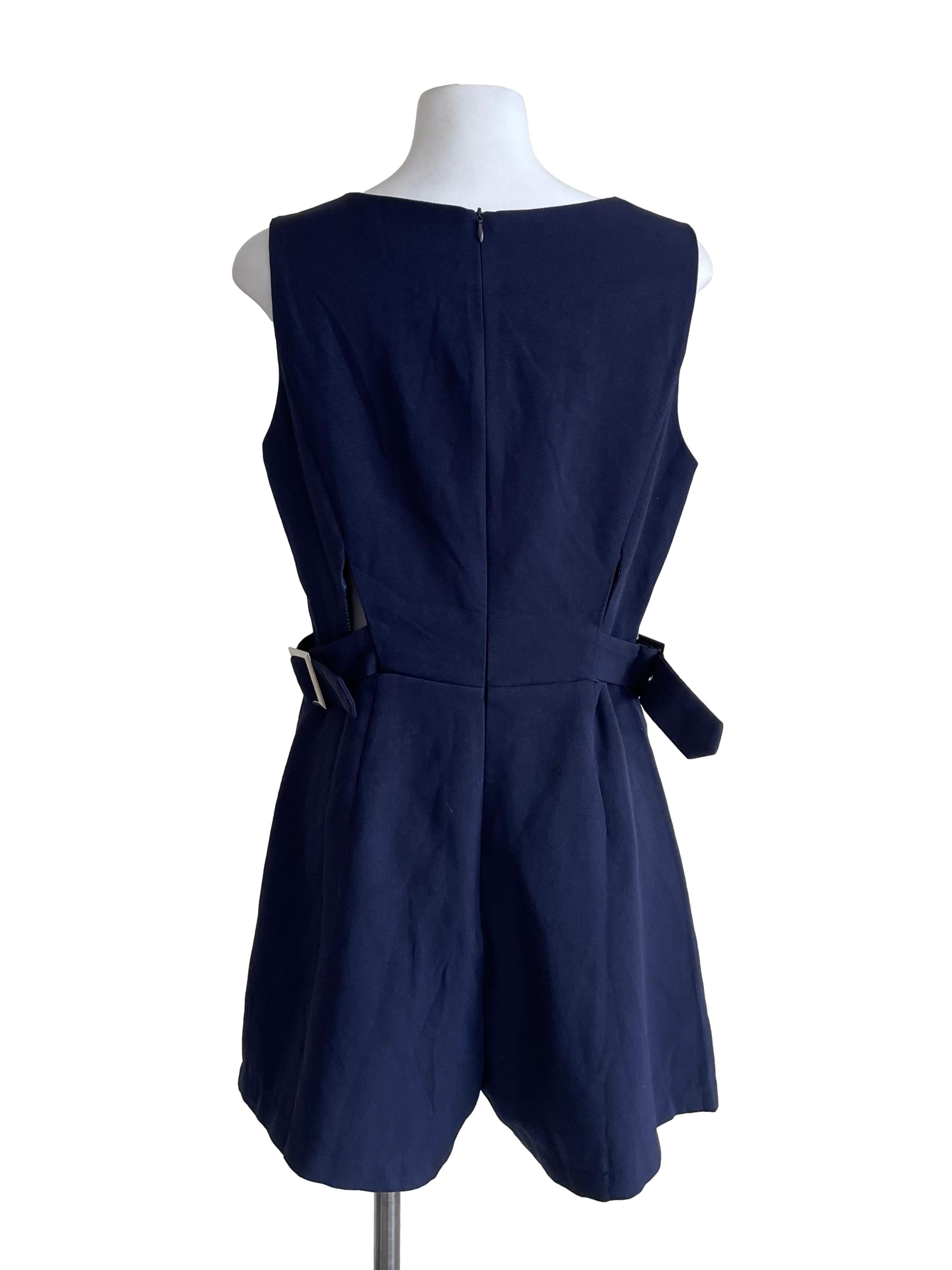 Navy Buckled Scoop Neck Romper