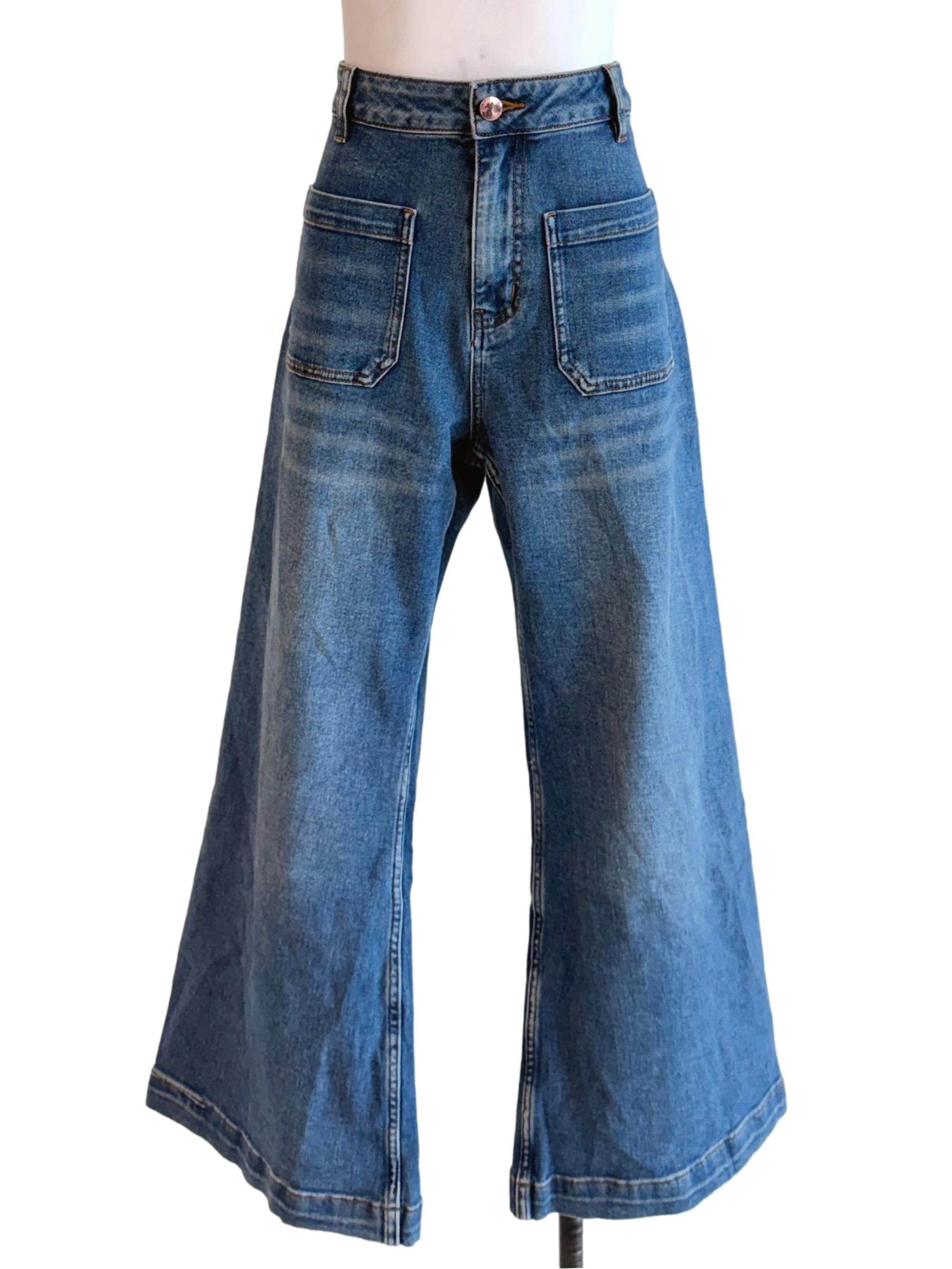 Navy Blue High Waist Wide Jeans