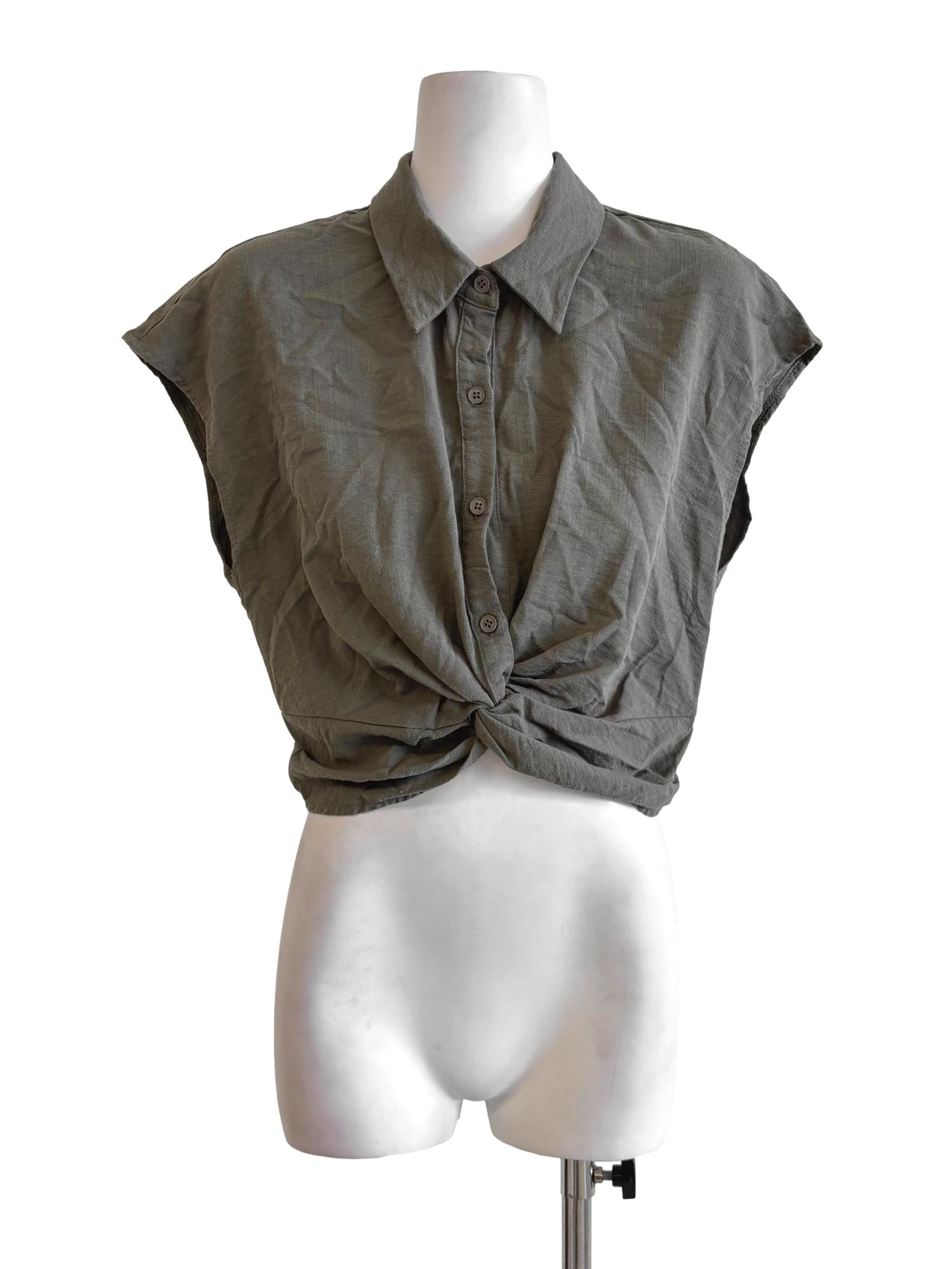 Moss Green Sleeveless Collared Twist Top