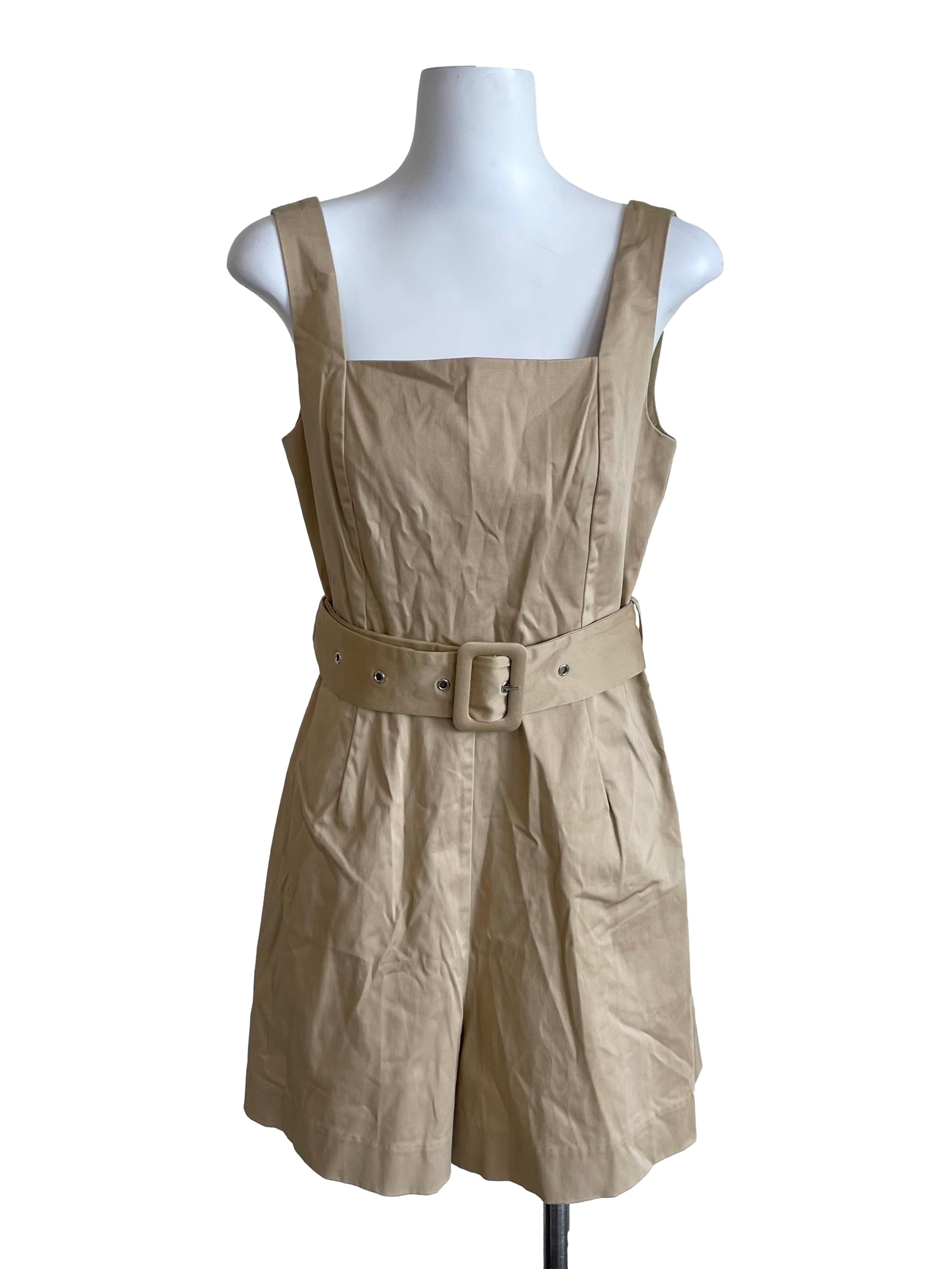 Latte Square Neck Sleeveless Belted Romper