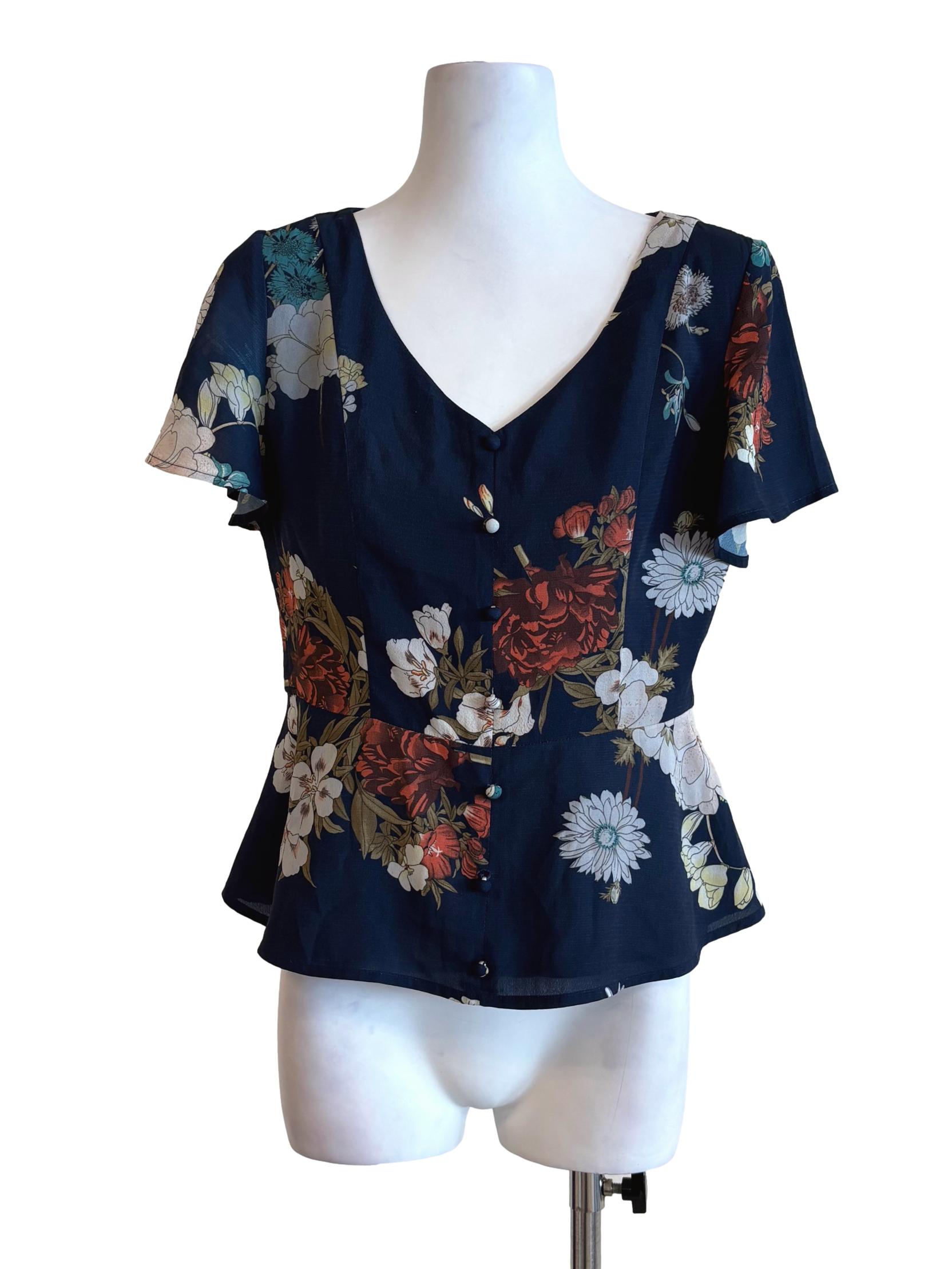 Navy Blue Floral Short Sleeve Peplum Top