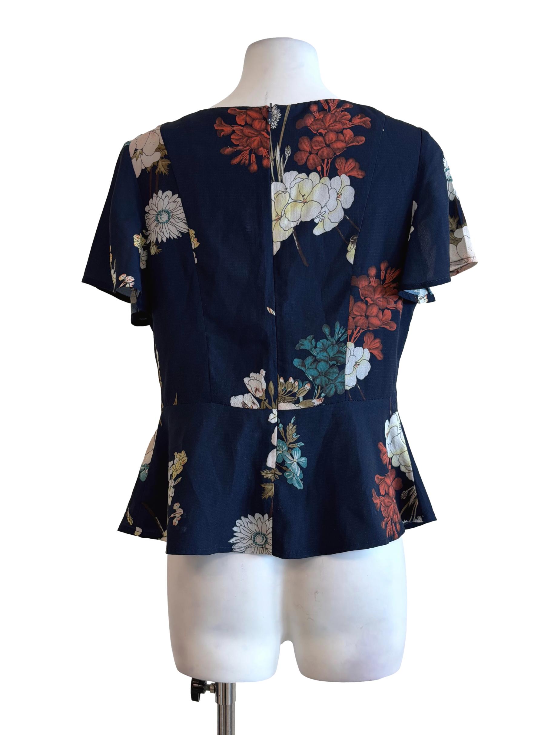 Navy Blue Floral Short Sleeve Peplum Top